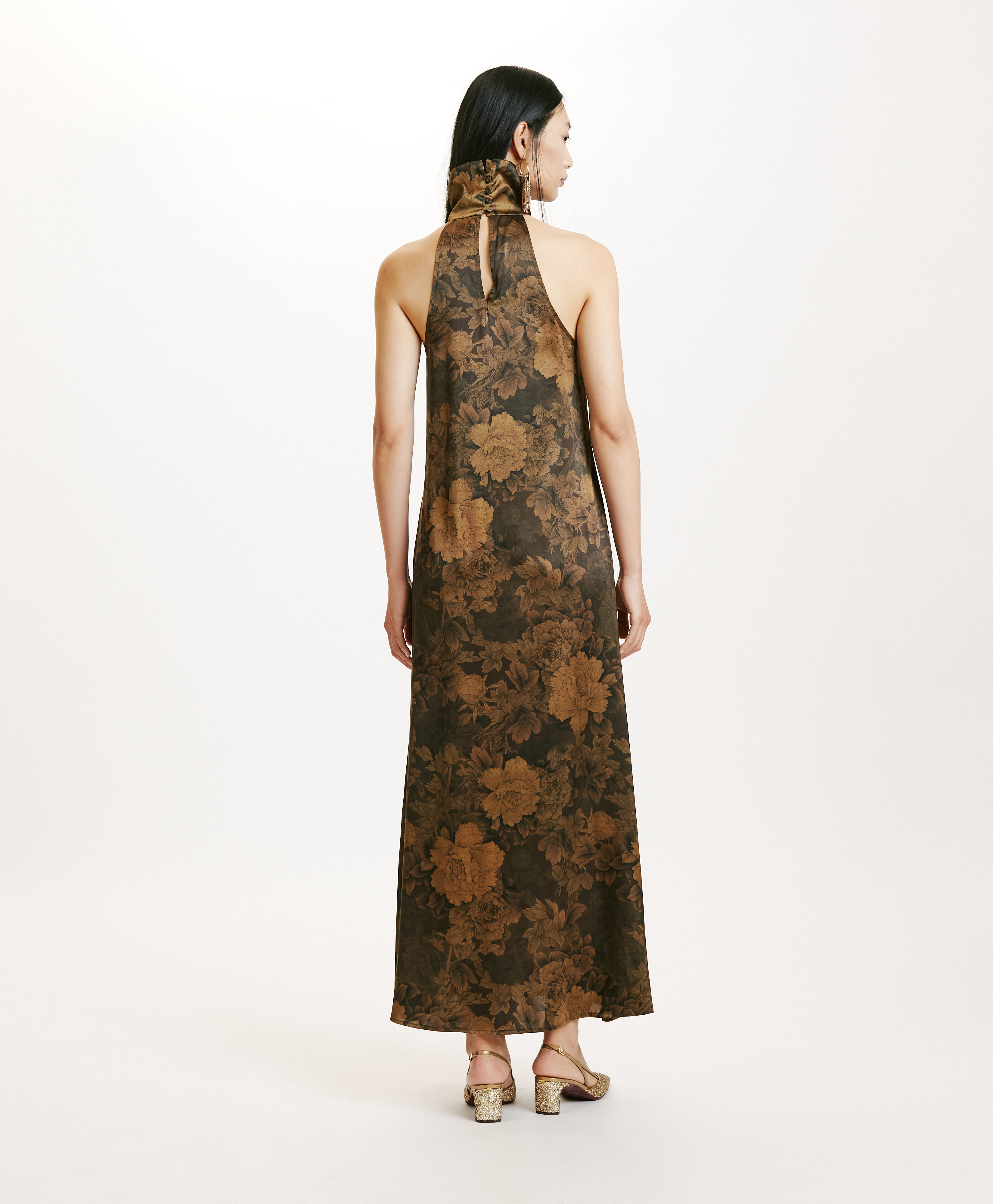 AKENO DRESS IN PRINTED STRETCH SATIN - BLACK/OLIVE - Momonì