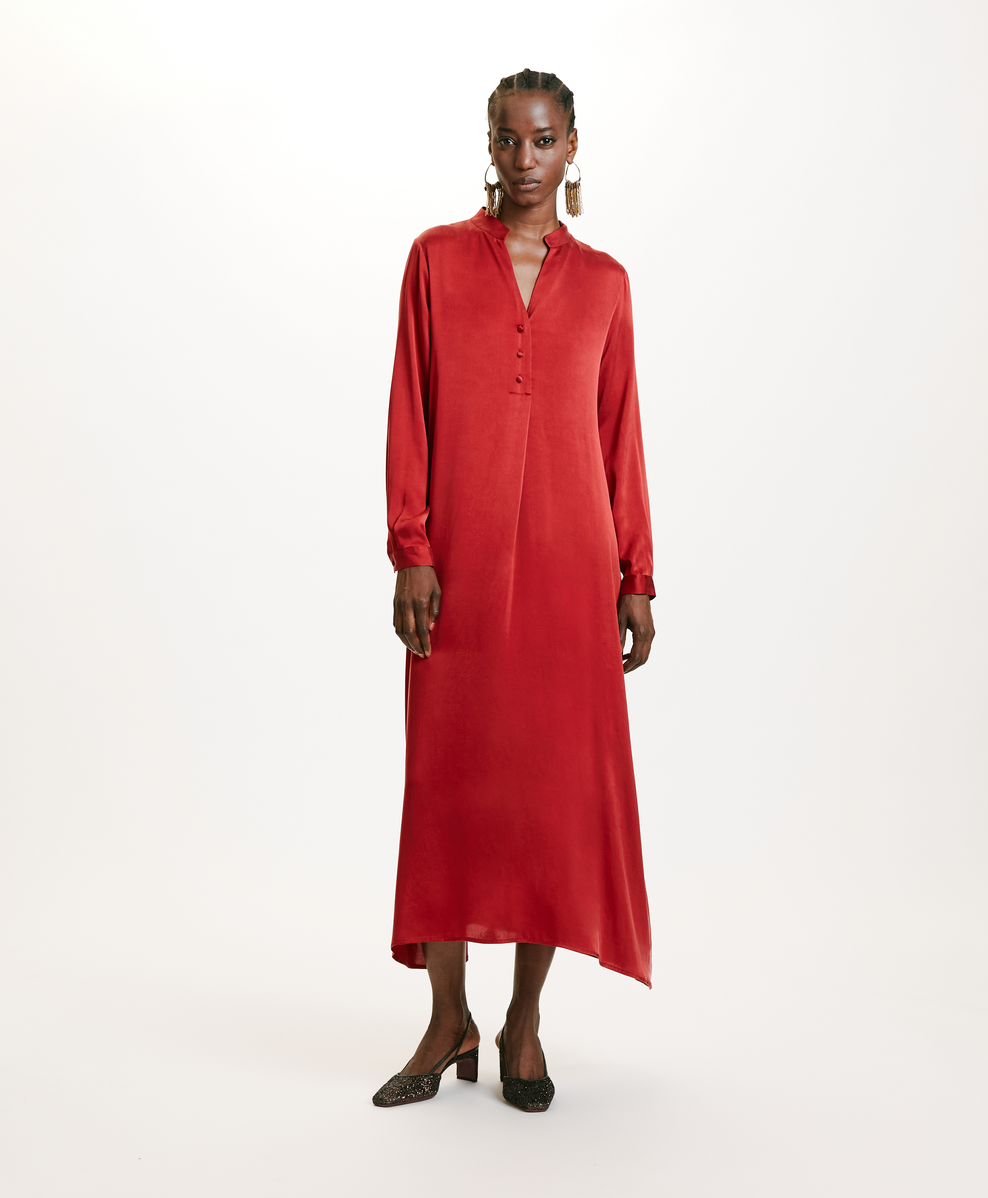 ATENA DRESS IN SOLID COLOUR SANDWASHED SILK - CARMINIO RED - Momonì