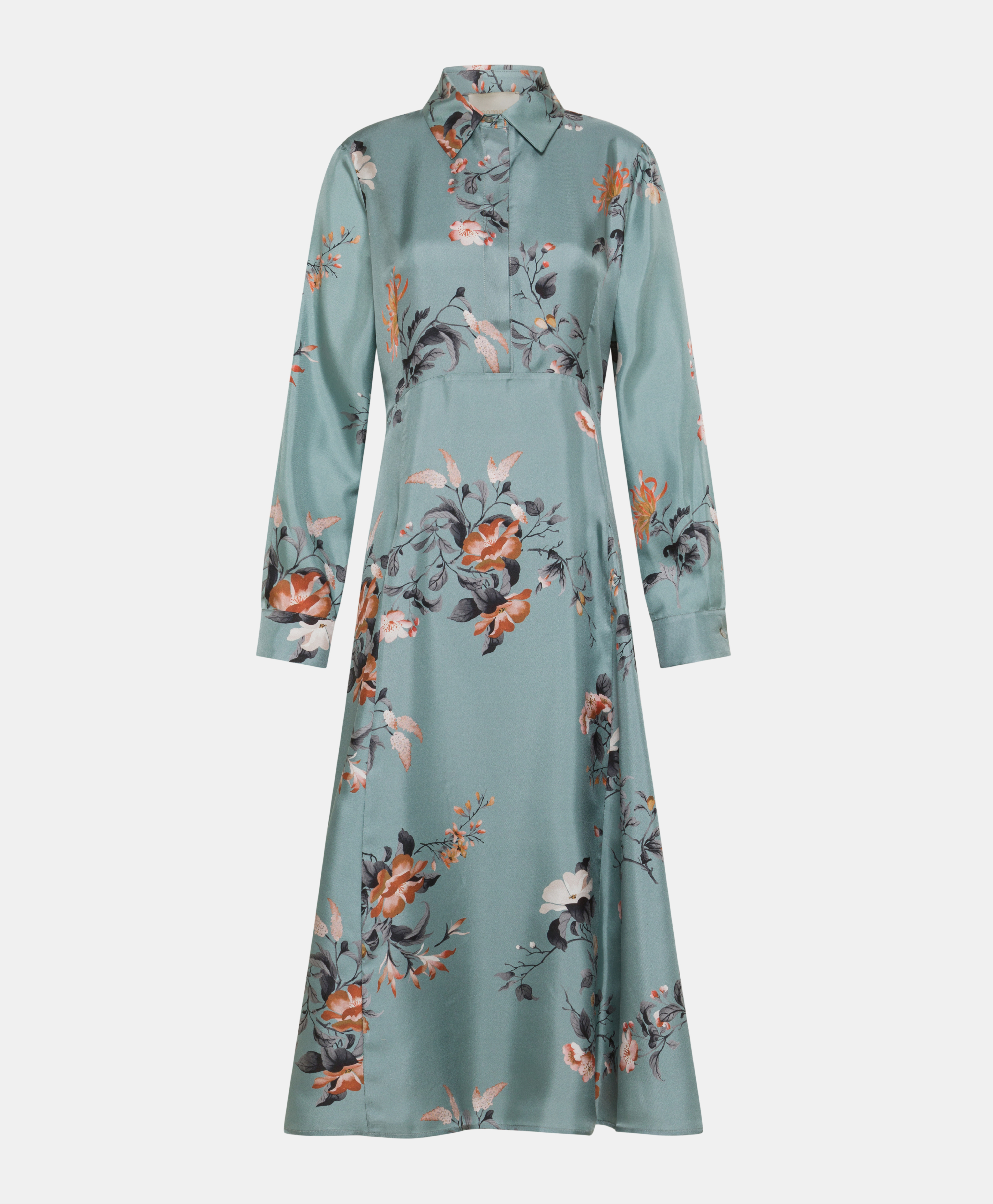 ROBE CHIBA EN SERGÉ DE SOIE IMPRIMÉ - VERT AQUA/ROUGE - Momonì