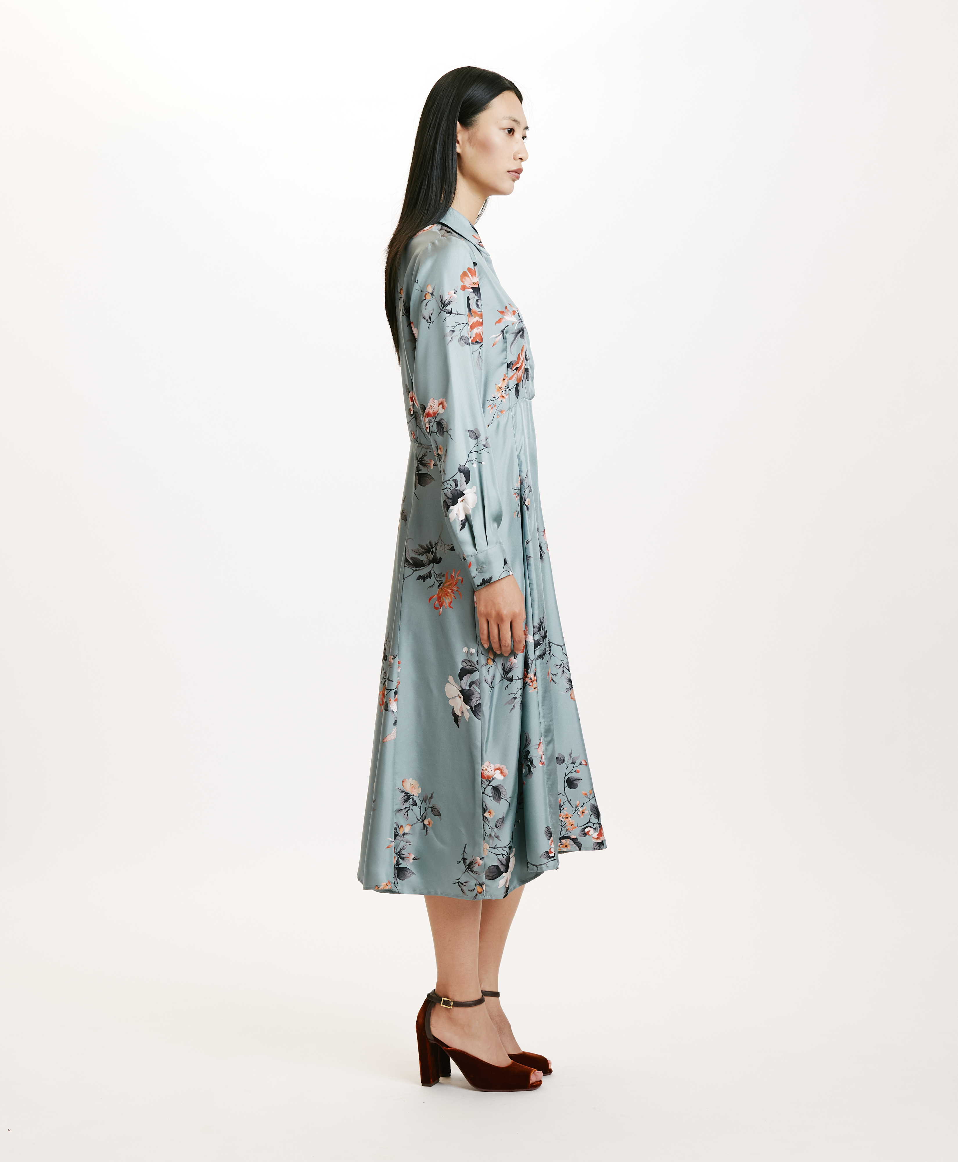 CHIBA DRESS IN PRINTED SILK TWILL - AQUA GREEN/RED - Momonì