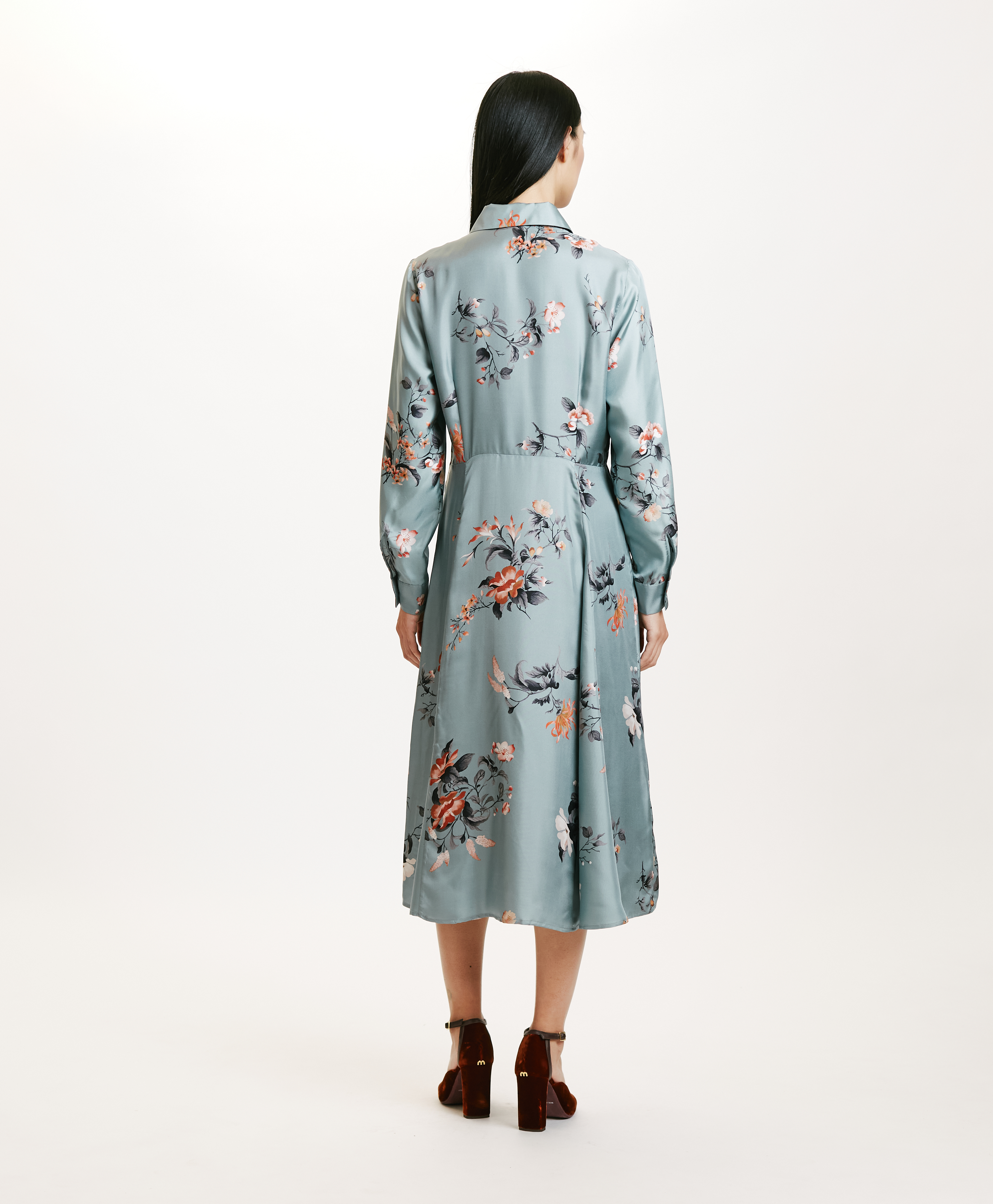 ROBE CHIBA EN SERGÉ DE SOIE IMPRIMÉ - VERT AQUA/ROUGE - Momonì