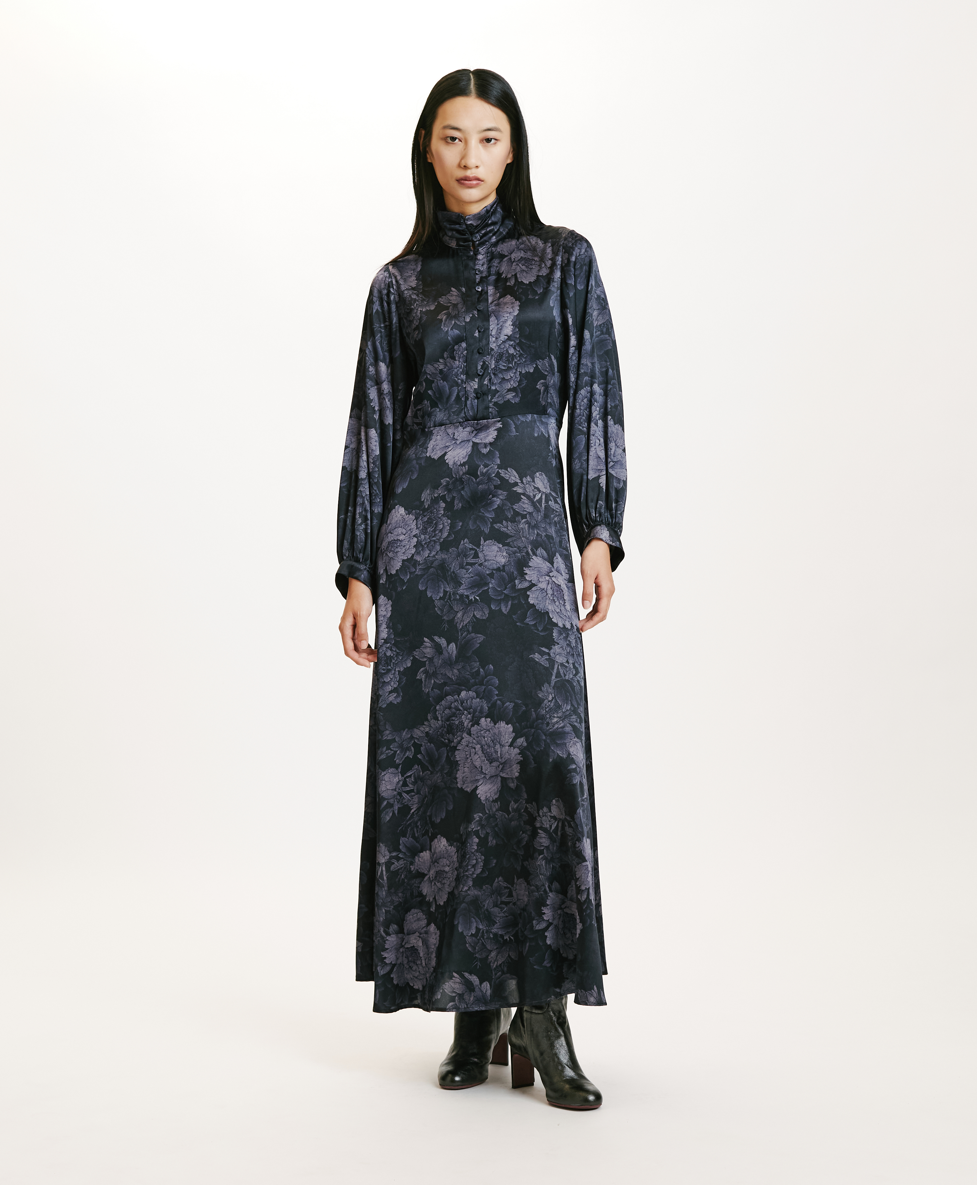 KATASHI DRESS IN PRINTED STRETCH SATIN - BLUE/BLU NIGHT - Momonì