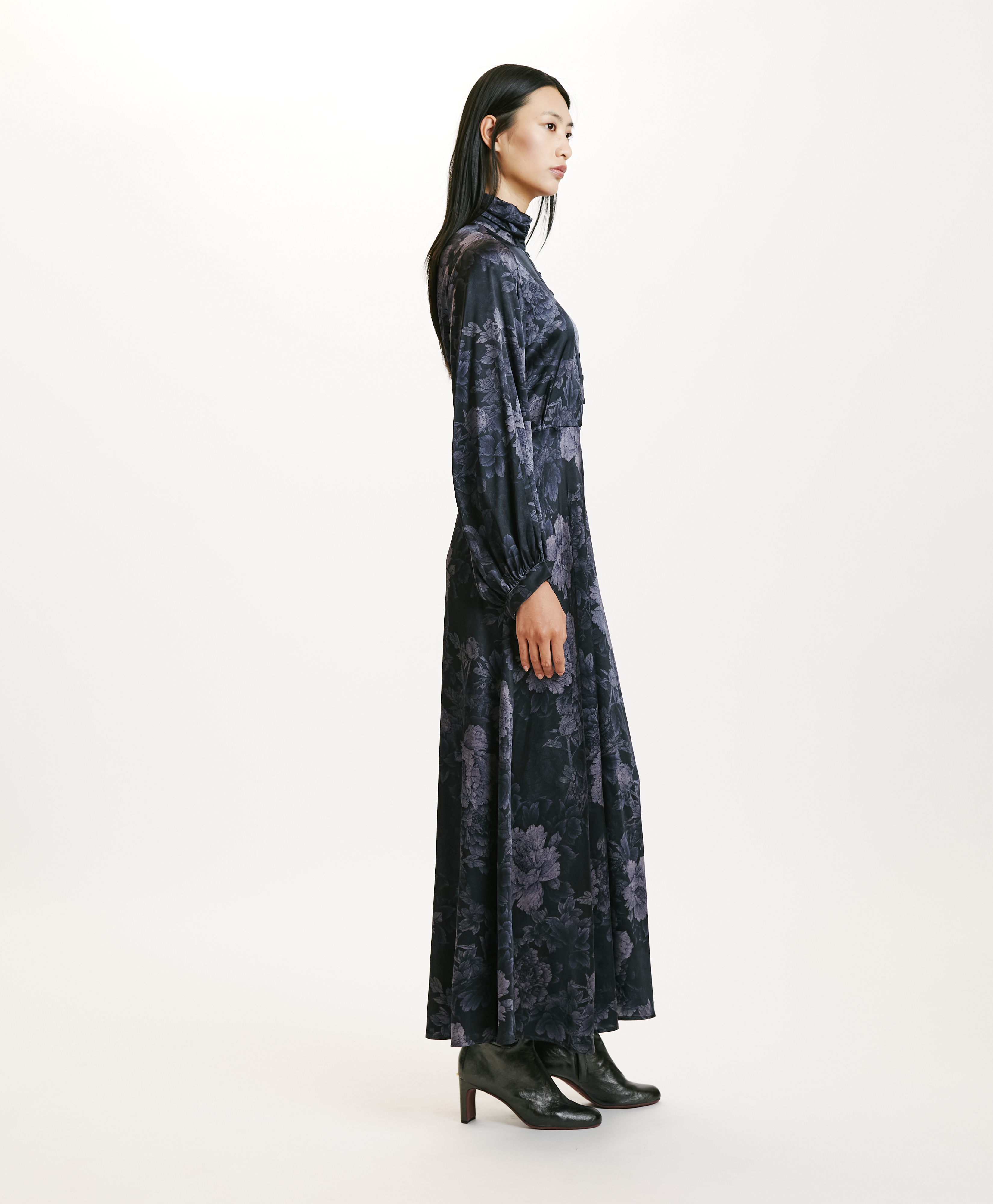 KATASHI DRESS IN PRINTED STRETCH SATIN - BLUE/BLU NIGHT - Momonì