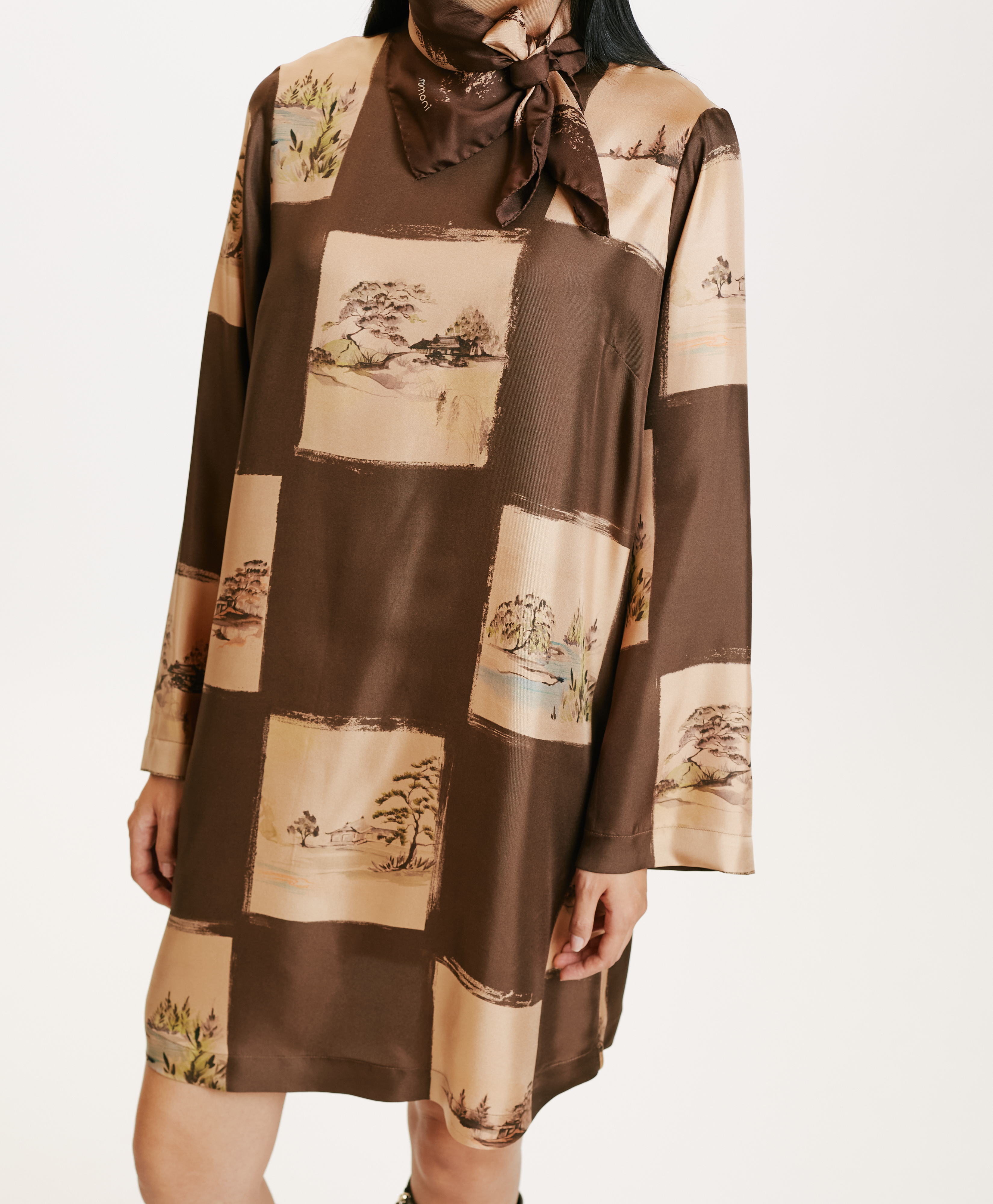 ROBE MATCHA EN SERGÉ DE SOIE IMPRIMÉ - MULTICOLORE CACAO - Momonì