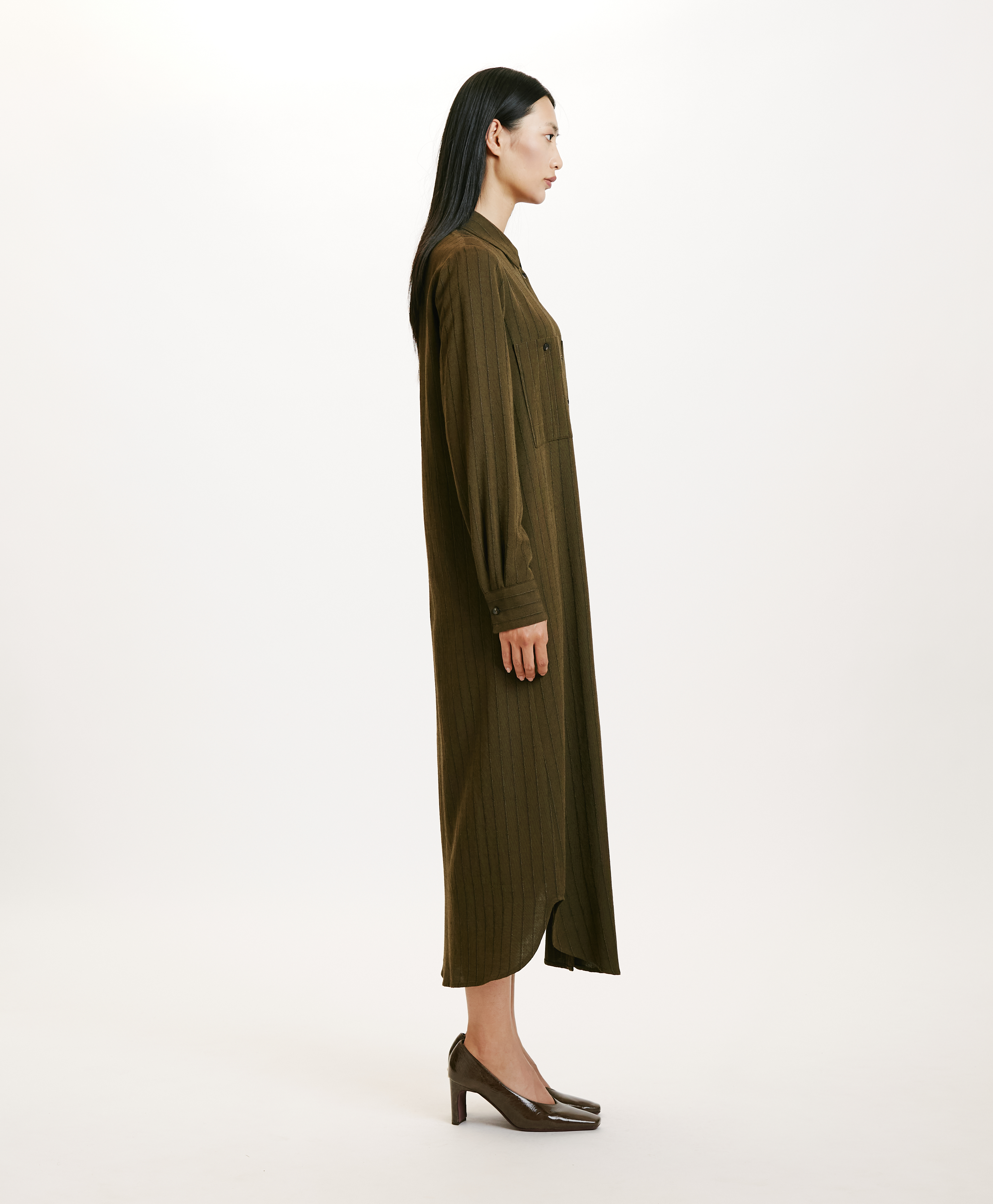 HANA DRESS IN CHALKSTRIPE WOOL TWILL - MILITARY GREEN - Momonì