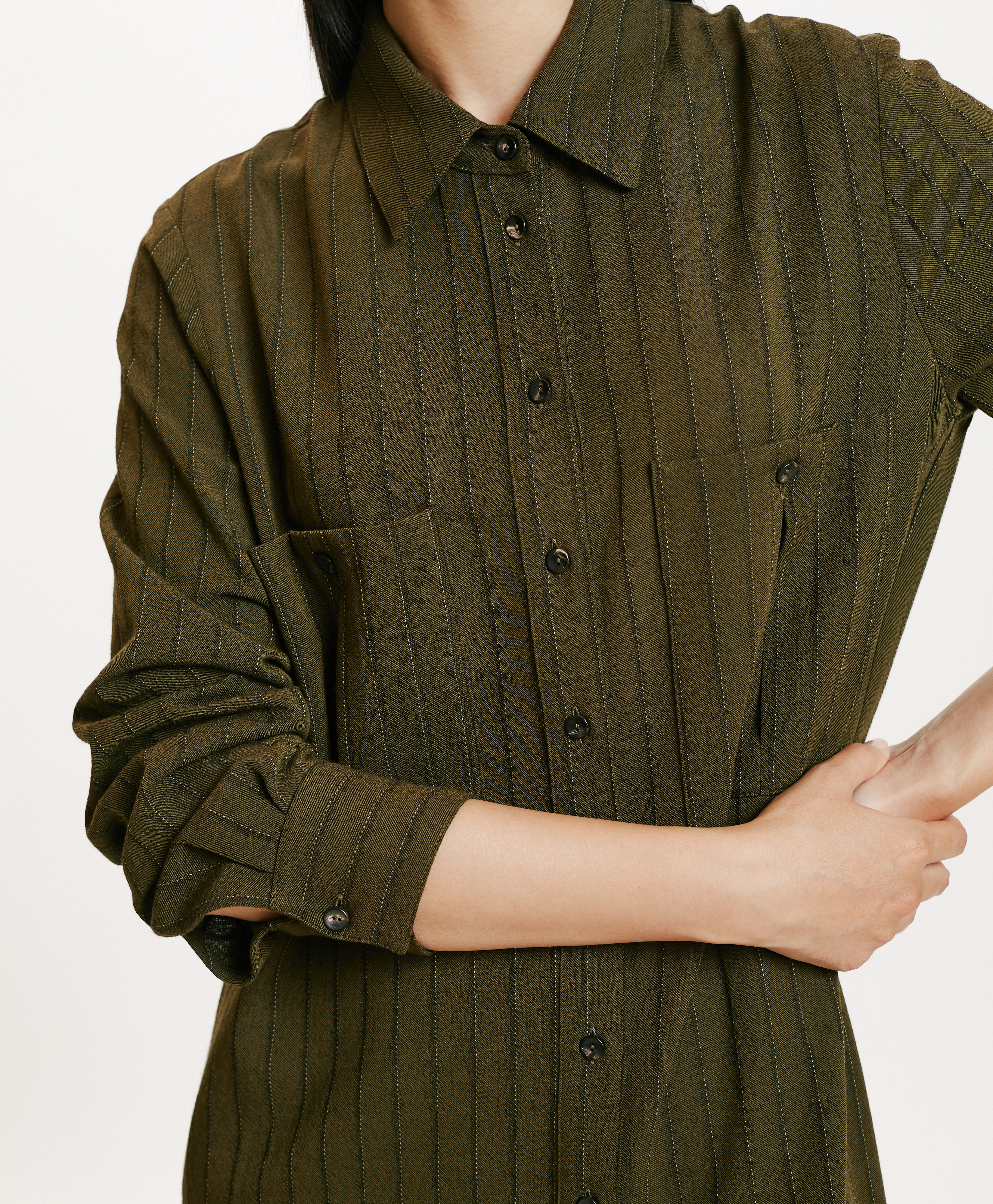 HANA DRESS IN CHALKSTRIPE WOOL TWILL - MILITARY GREEN - Momonì