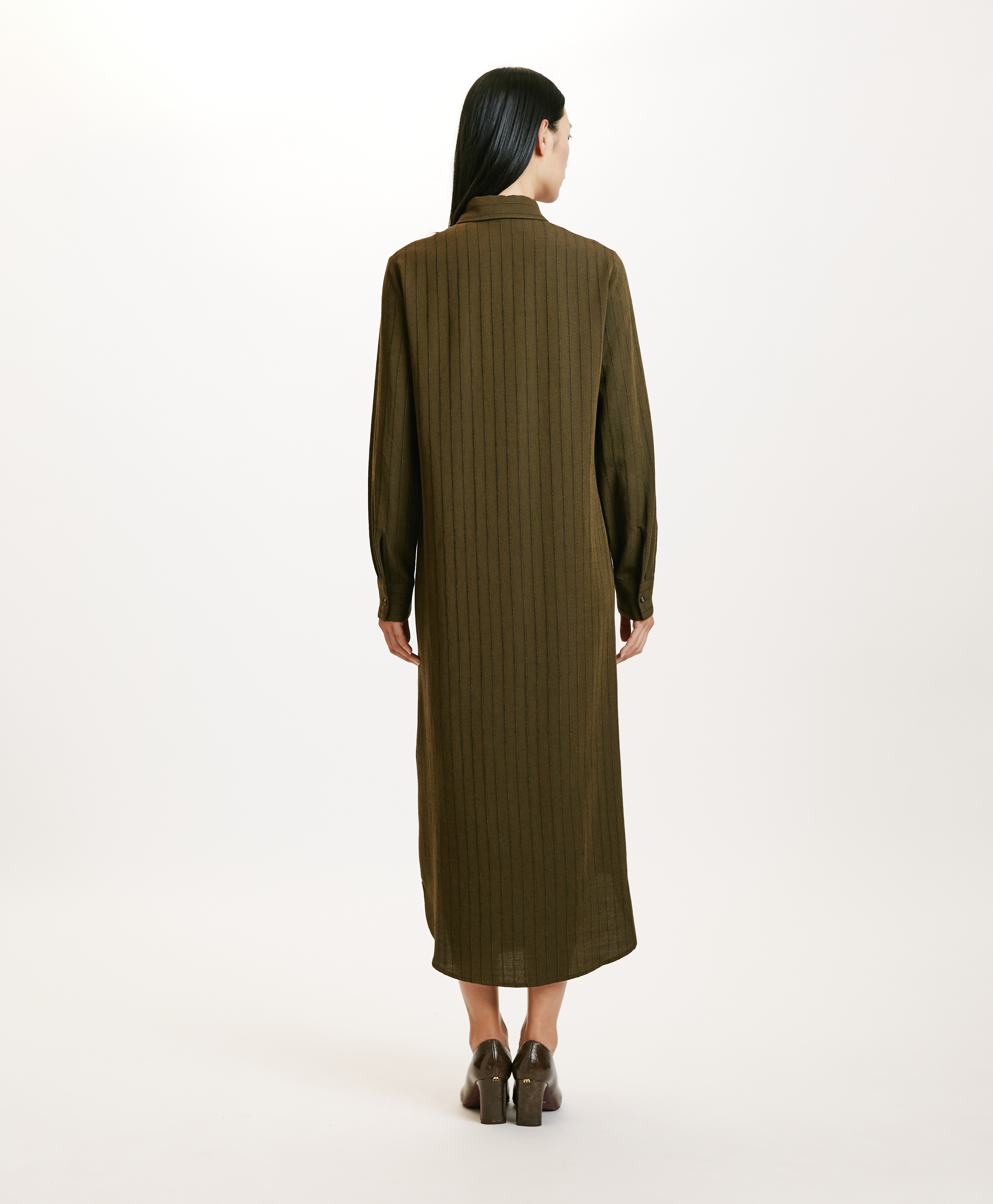 HANA DRESS IN CHALKSTRIPE WOOL TWILL - MILITARY GREEN - Momonì