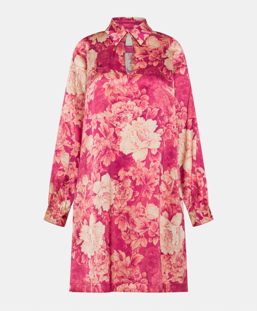 MIYAGI DRESS IN PRINTED STRETCH SATIN - FUCHSIA/CREAM - Momonì