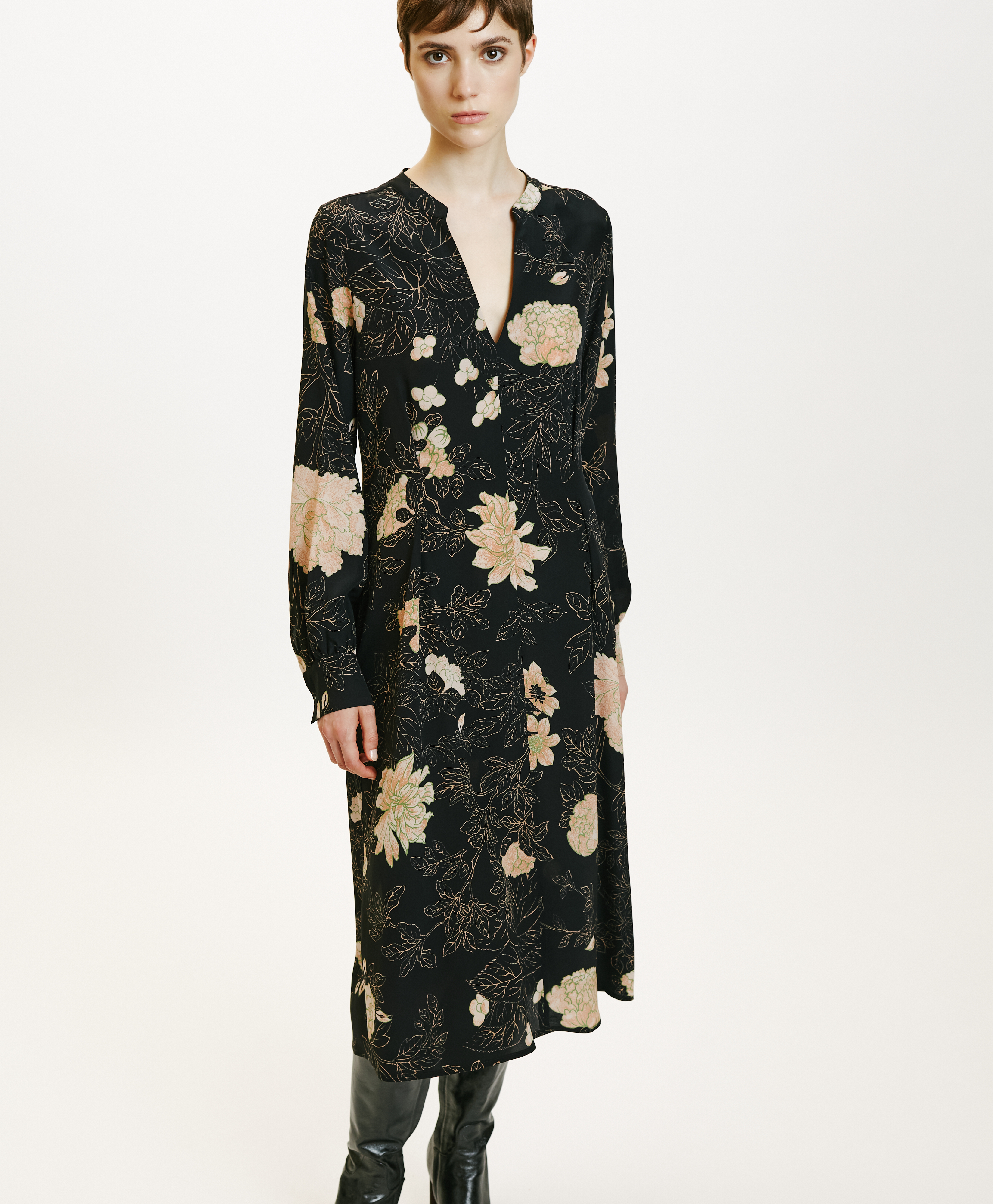 WANI DRESS IN PRINTED CREPE DE CHINE - BLACK/POWDER PINK - Momonì