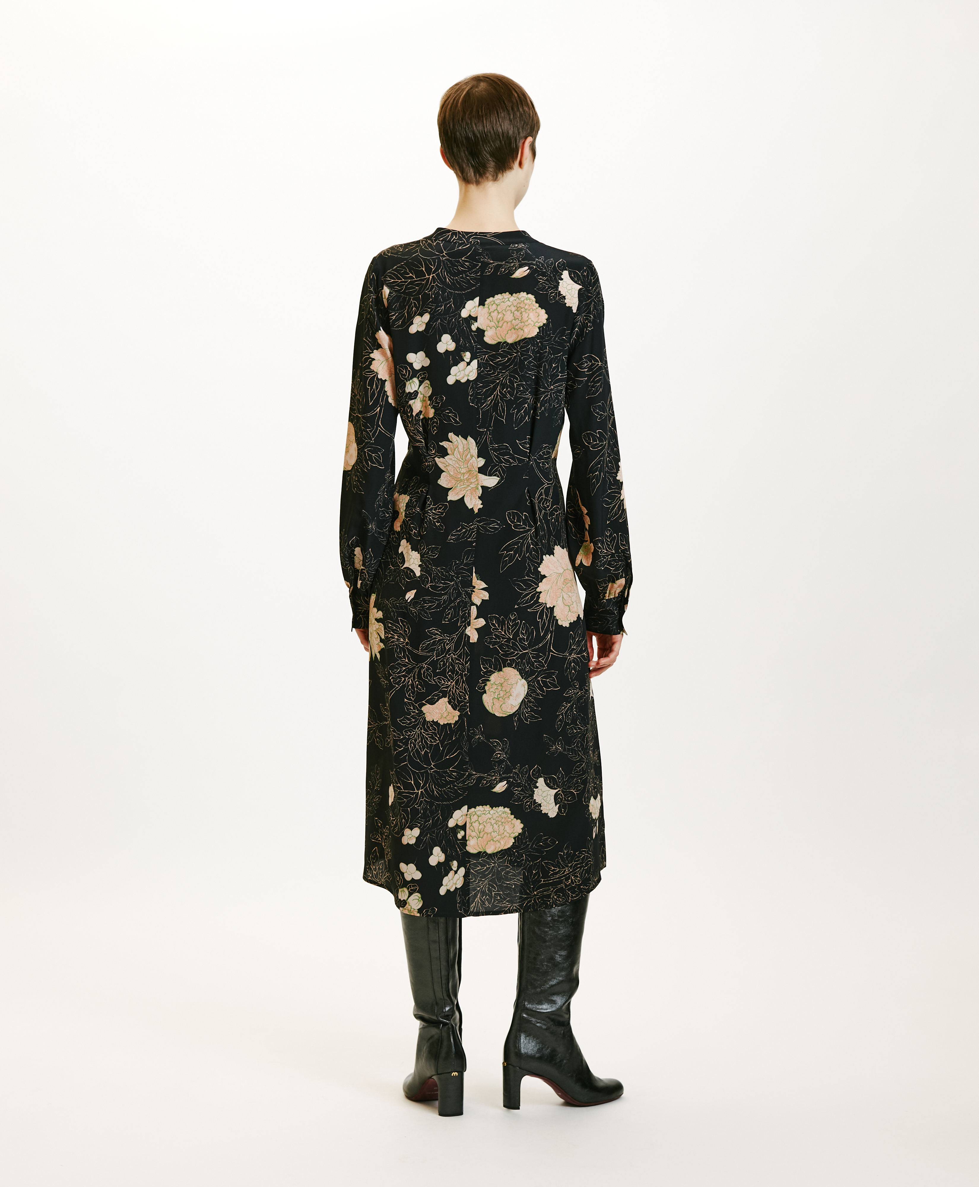 WANI DRESS IN PRINTED CREPE DE CHINE - BLACK/POWDER PINK - Momonì