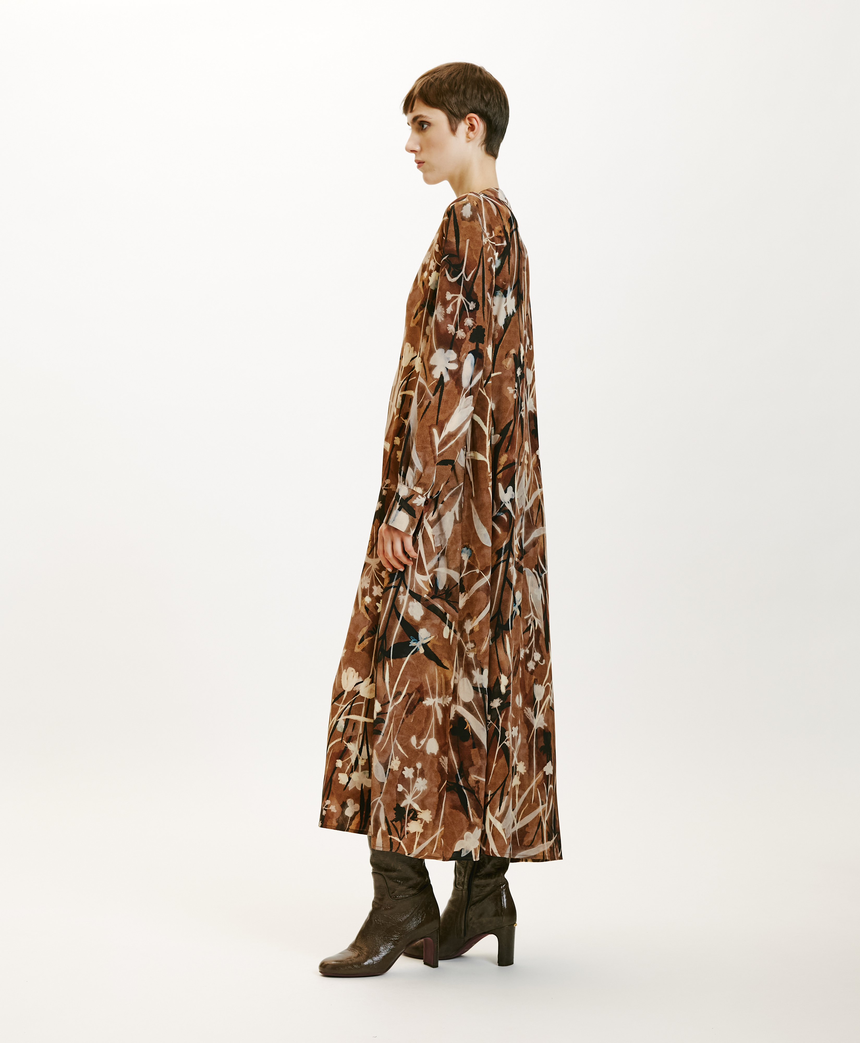 NAO DRESS IN PRINTED CREPE DE CHINE - COCOA/CREAM - Momonì