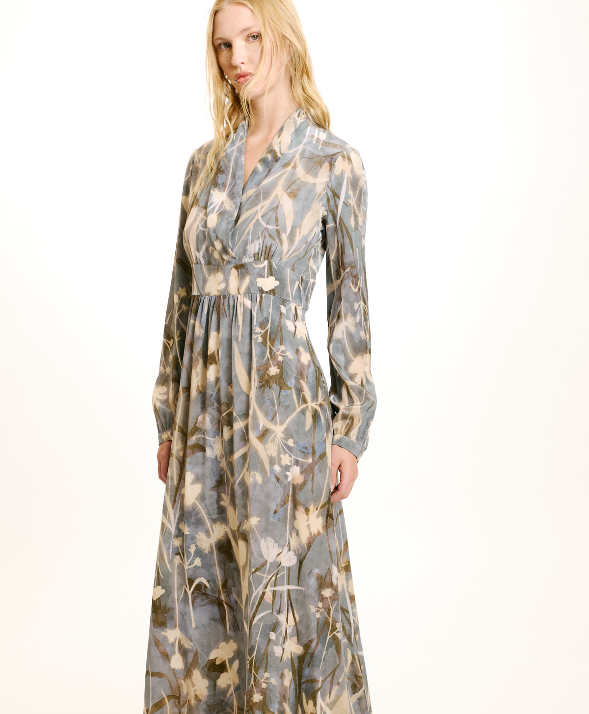 SUITA IN PRINTED CREPE DE CHINE - DUSTY BLUE/CREAM - Momonì