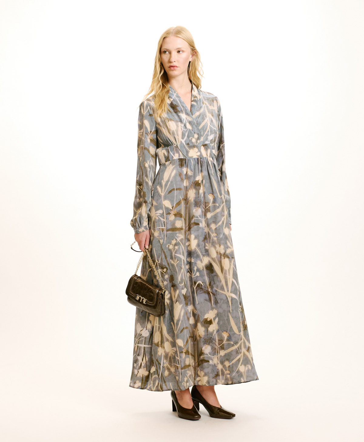 SUITA IN PRINTED CREPE DE CHINE - DUSTY BLUE/CREAM - Momonì