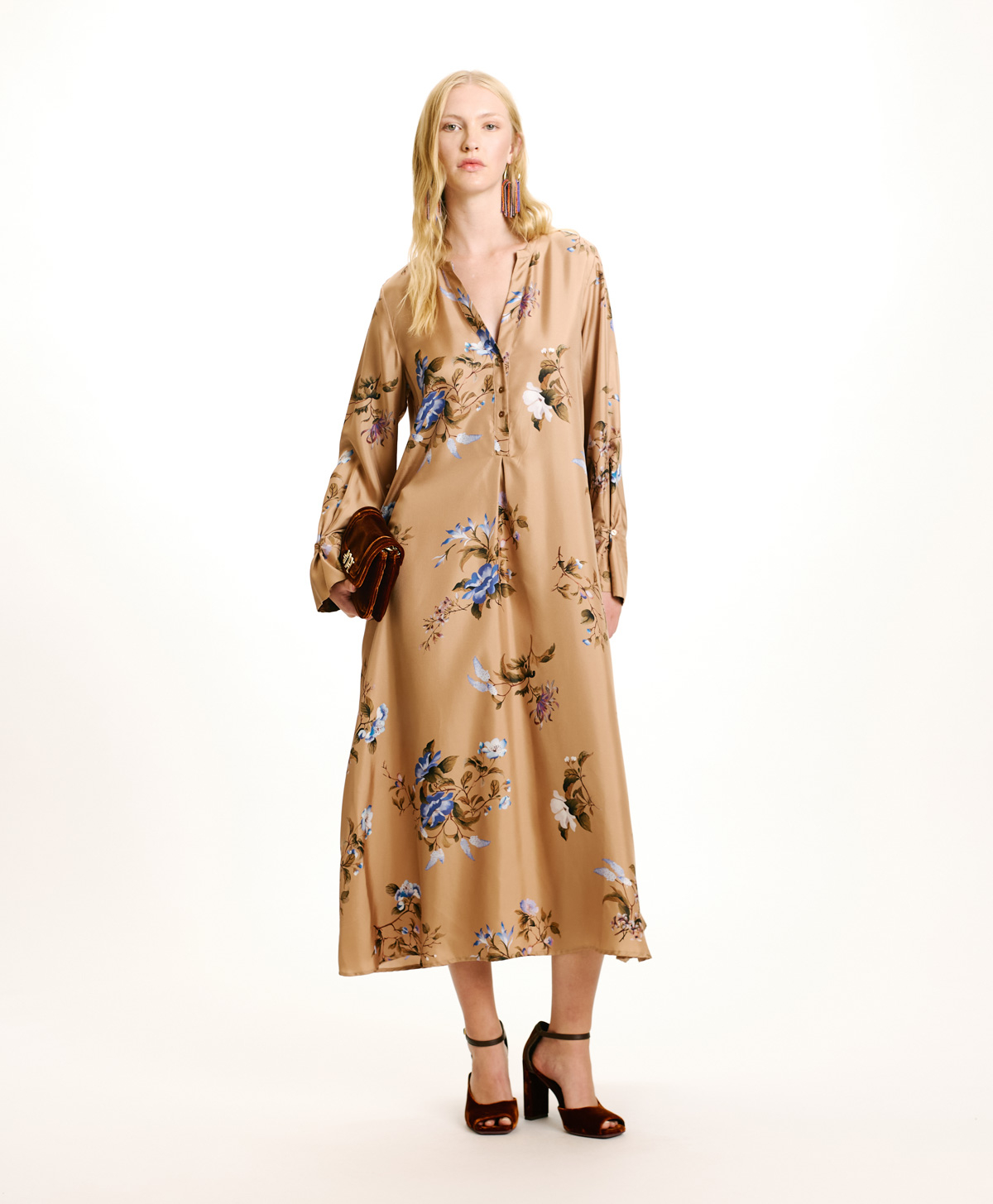 YUI DRESS IN PRINTED SILK TWILL - TABACCO/BLUETTE - Momonì