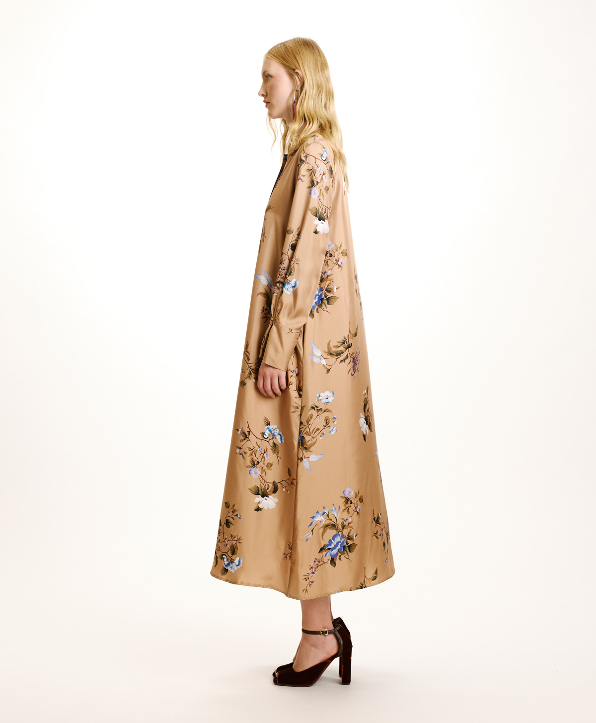 YUI DRESS IN PRINTED SILK TWILL - TABACCO/BLUETTE - Momonì