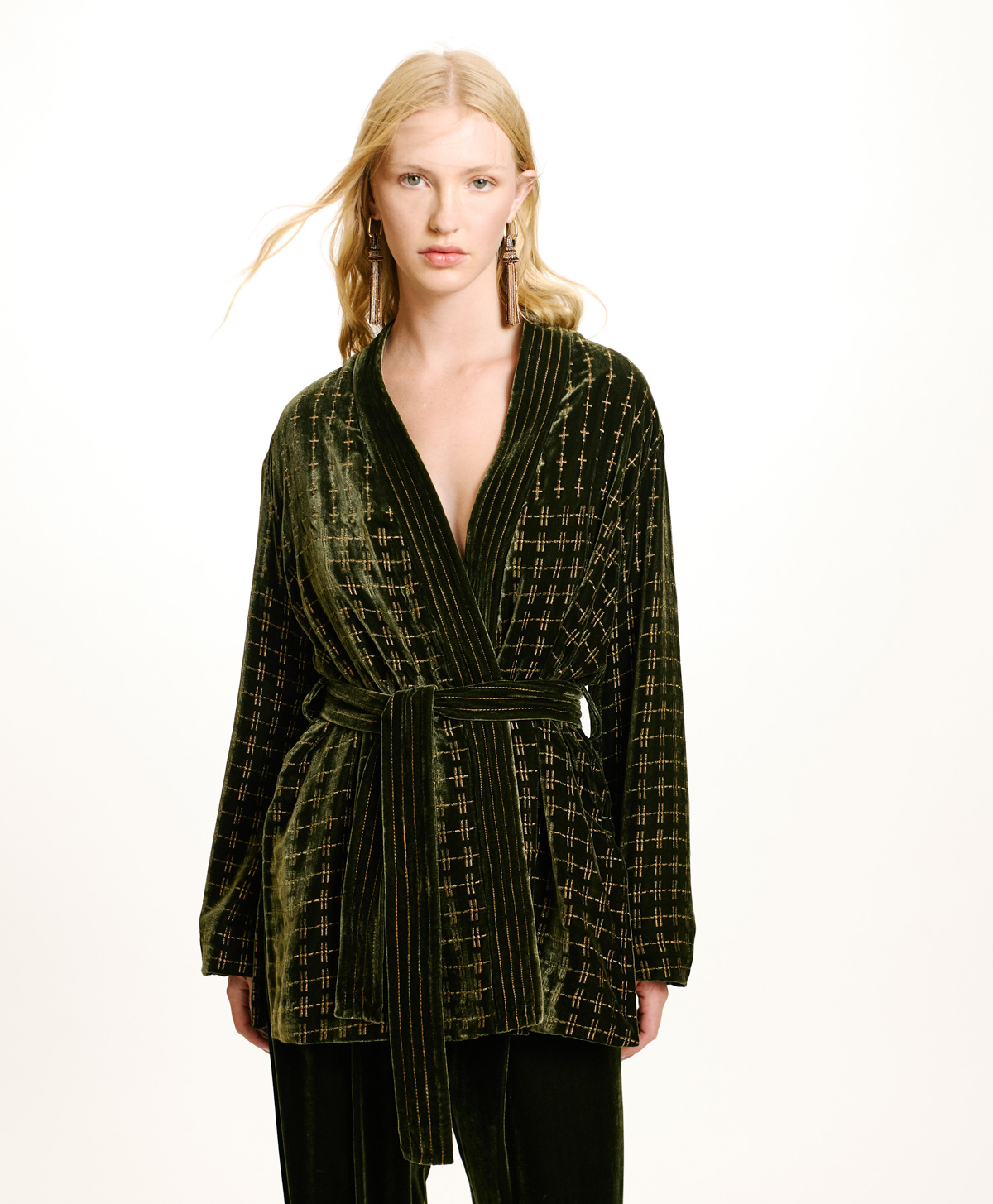 EUGENIE JACKET IN EMBROIDERED SILK BLEND VELVET - MATCHA GREEN - Momonì