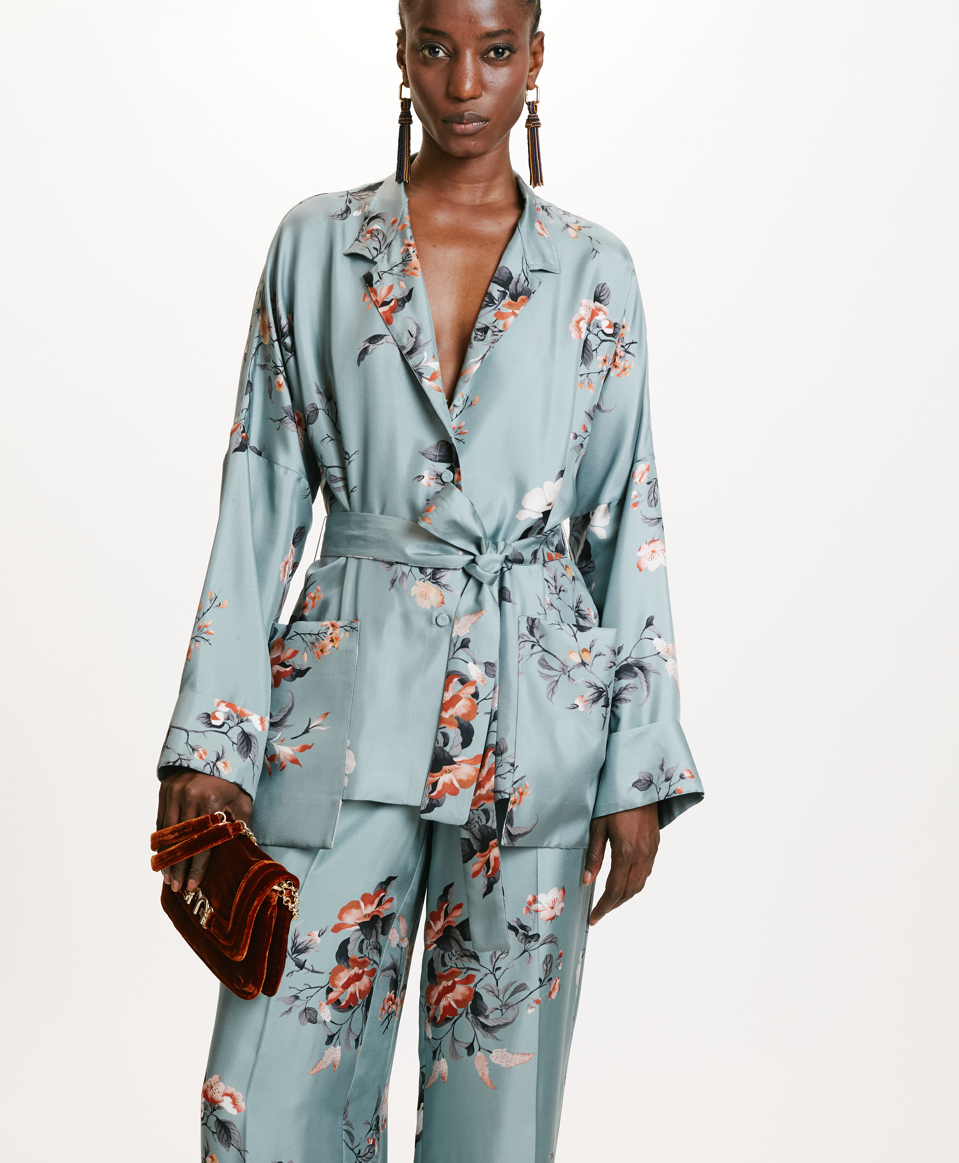 JAPONIKA JACKET IN PRINTED SILK TWILL - AQUA GREEN/RED - Momonì