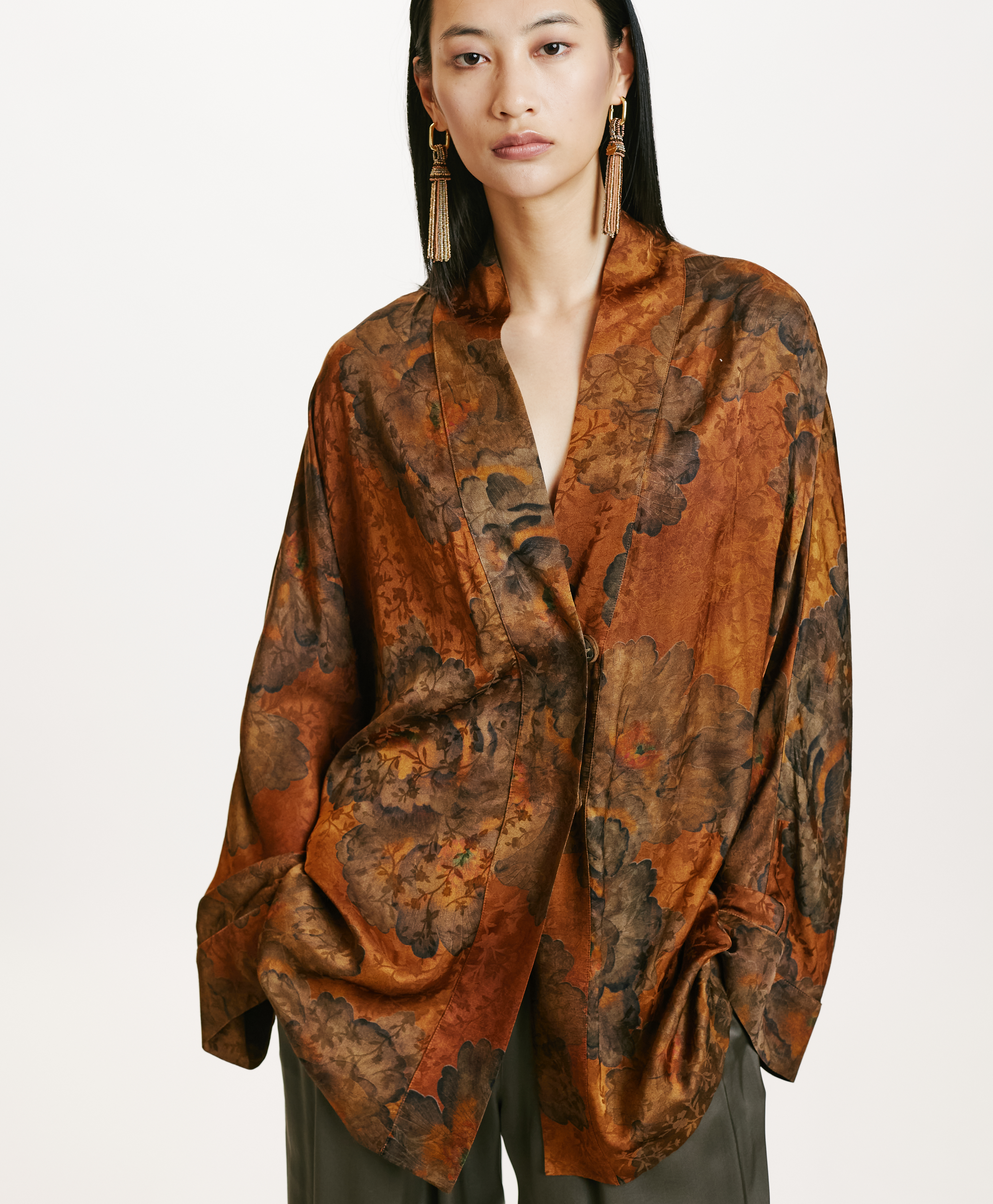 ISHIKO JACKET IN PRINTED JACQUARD VISCOSE - TOBACO/OLIVE - Momonì