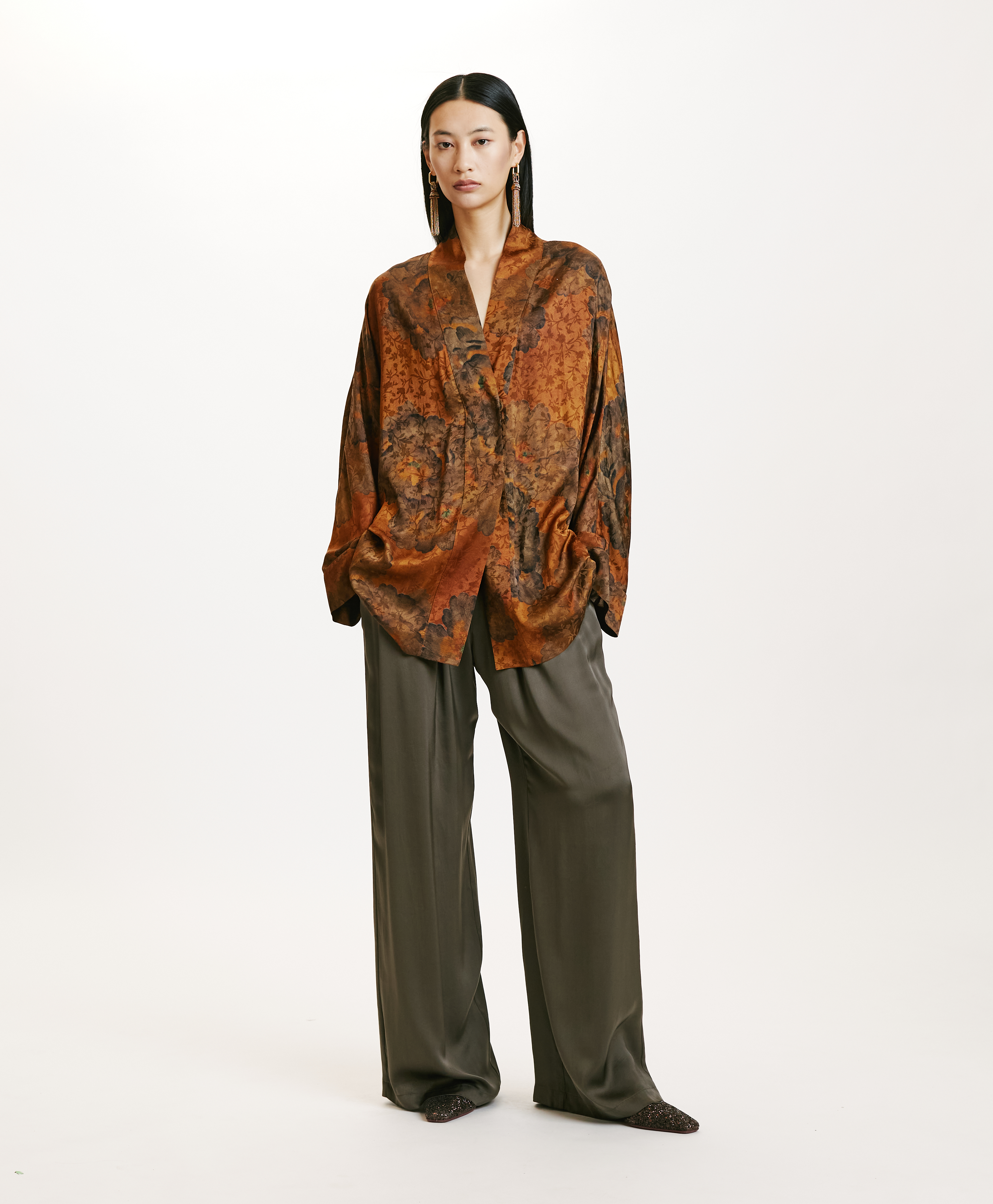 ISHIKO JACKET IN PRINTED JACQUARD VISCOSE - TOBACO/OLIVE - Momonì