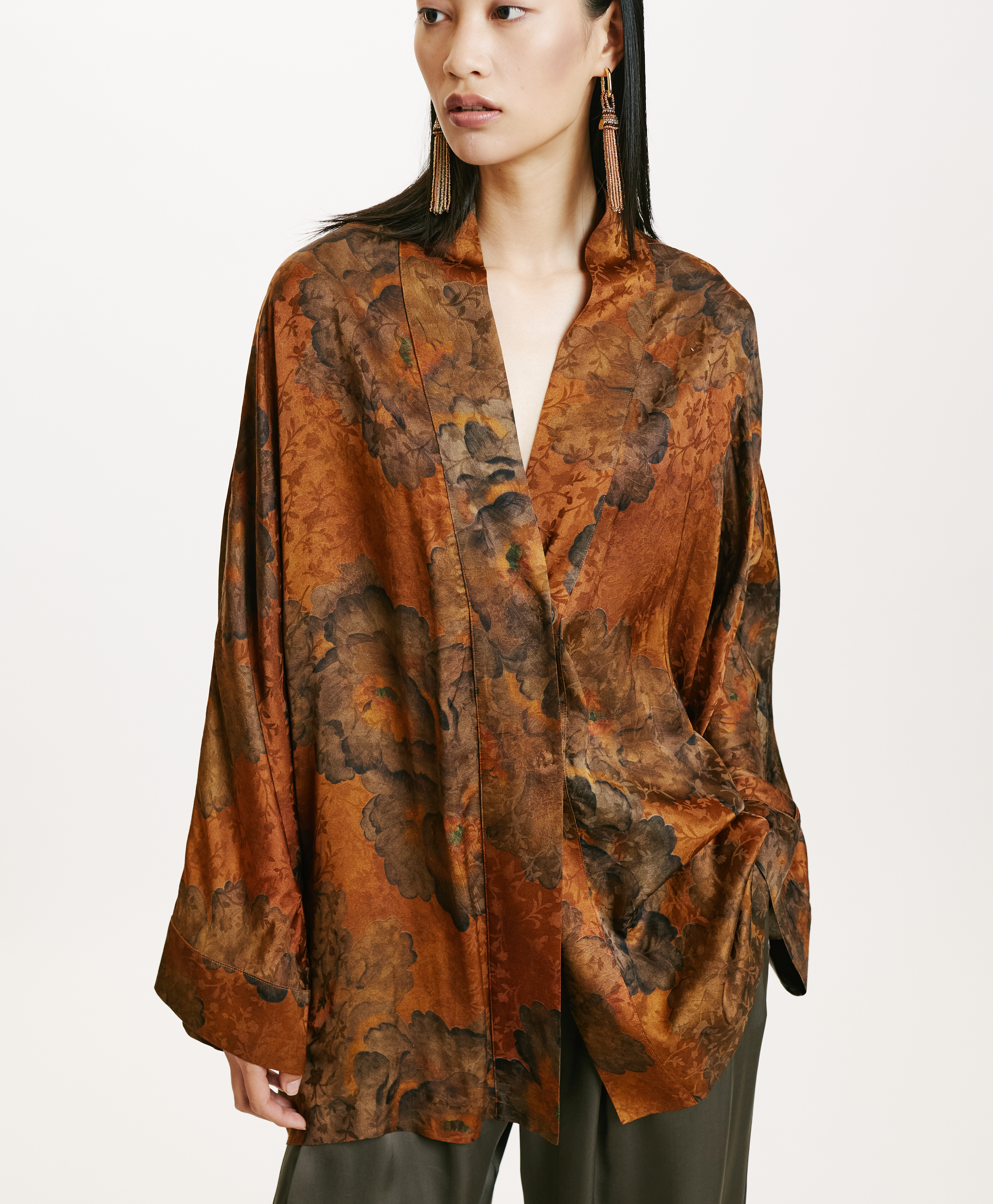 ISHIKO JACKET IN PRINTED JACQUARD VISCOSE - TOBACO/OLIVE - Momonì