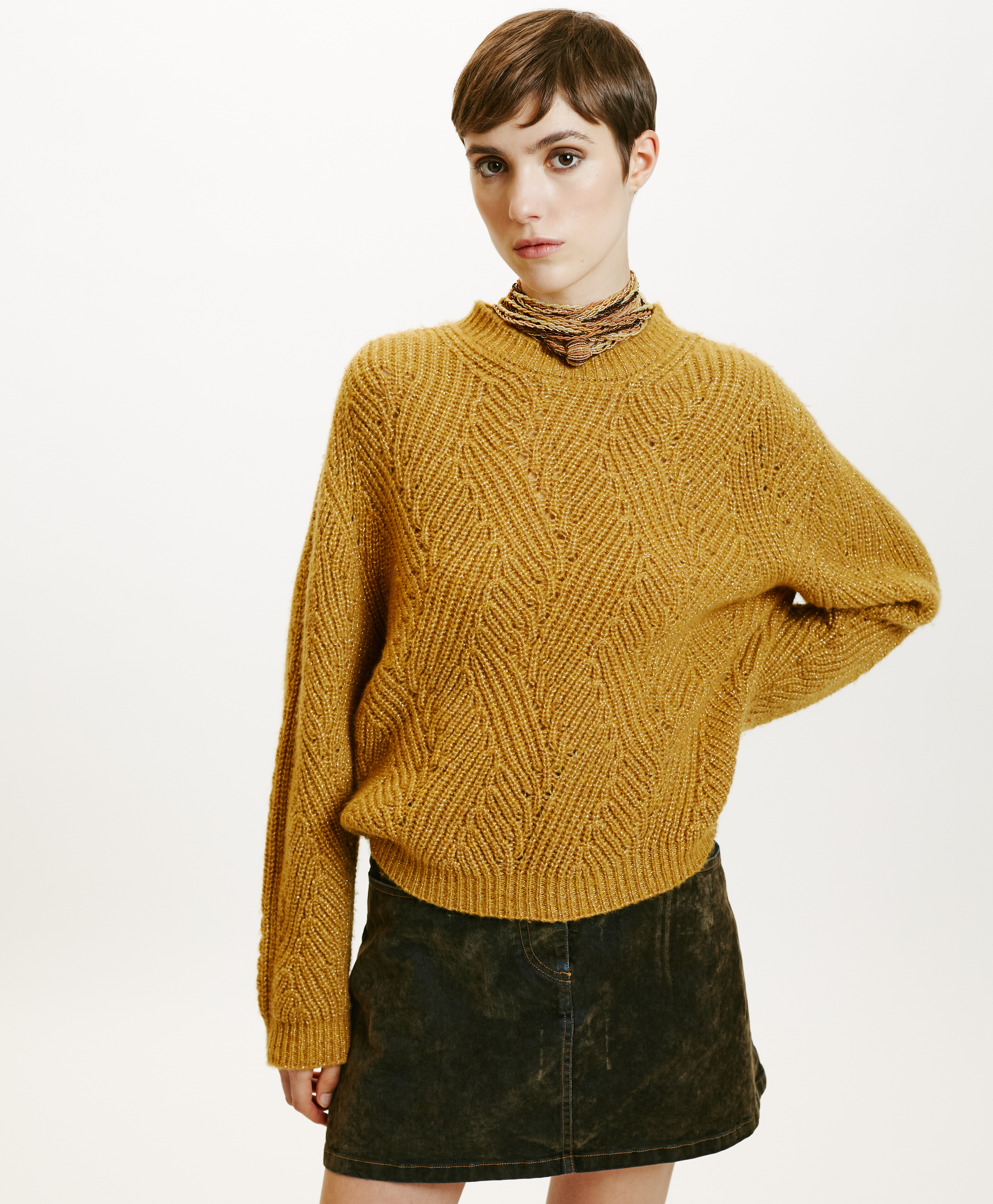 WOOL-LUREX OITA SWEATER IN CABLE RIB STITCH - MUSTARD - Momonì