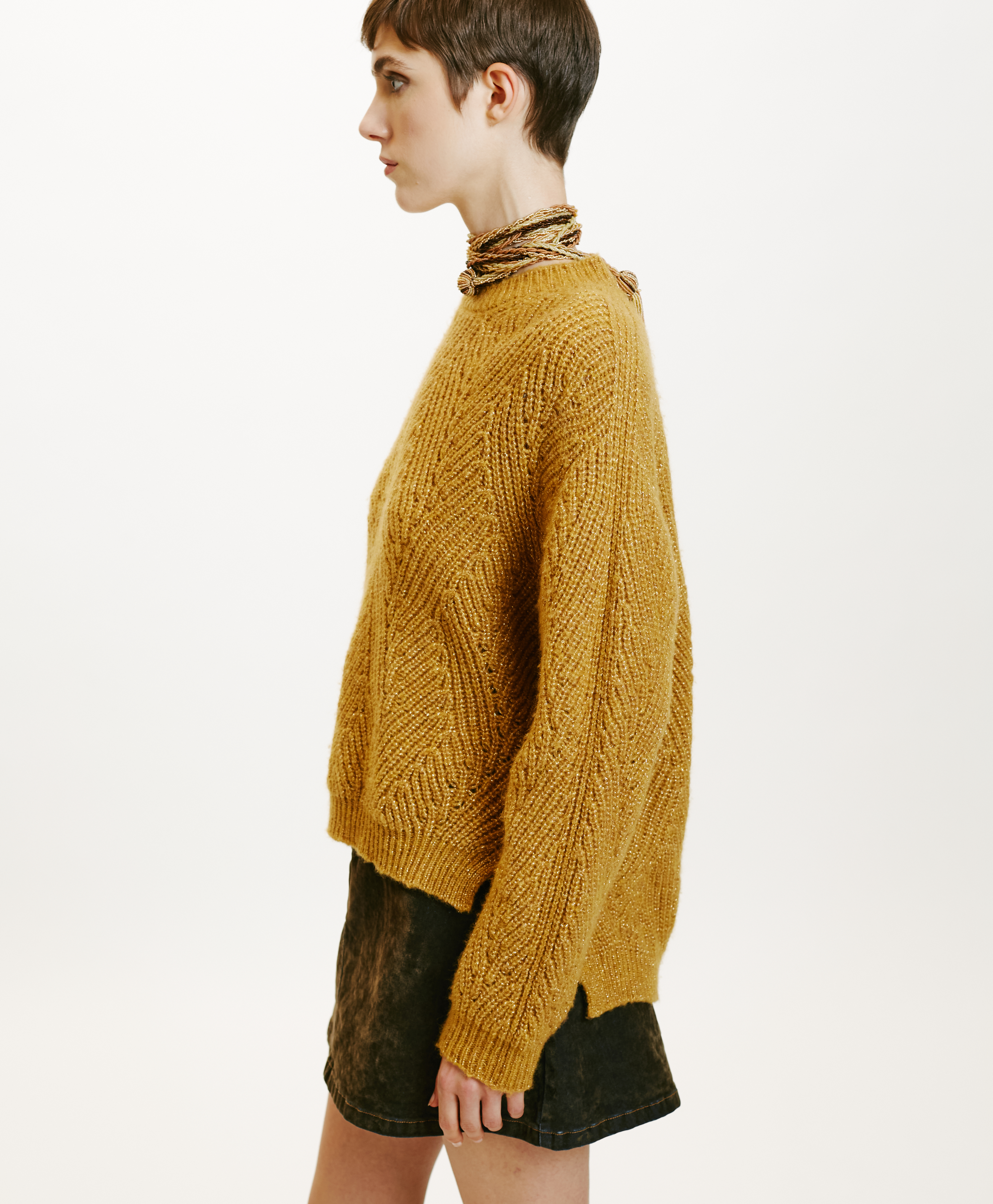 WOOL-LUREX OITA SWEATER IN CABLE RIB STITCH - MUSTARD - Momonì