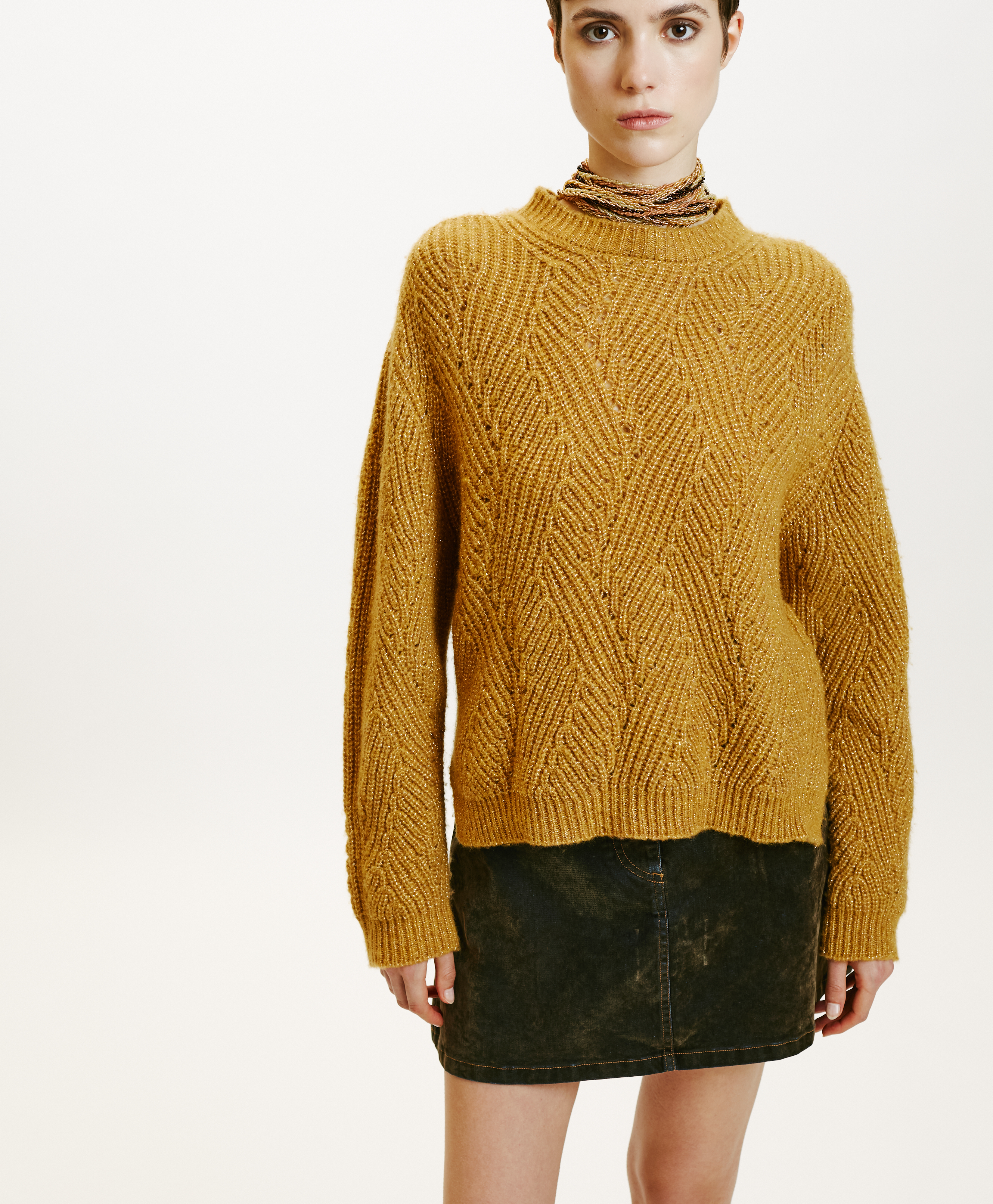 WOOL-LUREX OITA SWEATER IN CABLE RIB STITCH - MUSTARD - Momonì