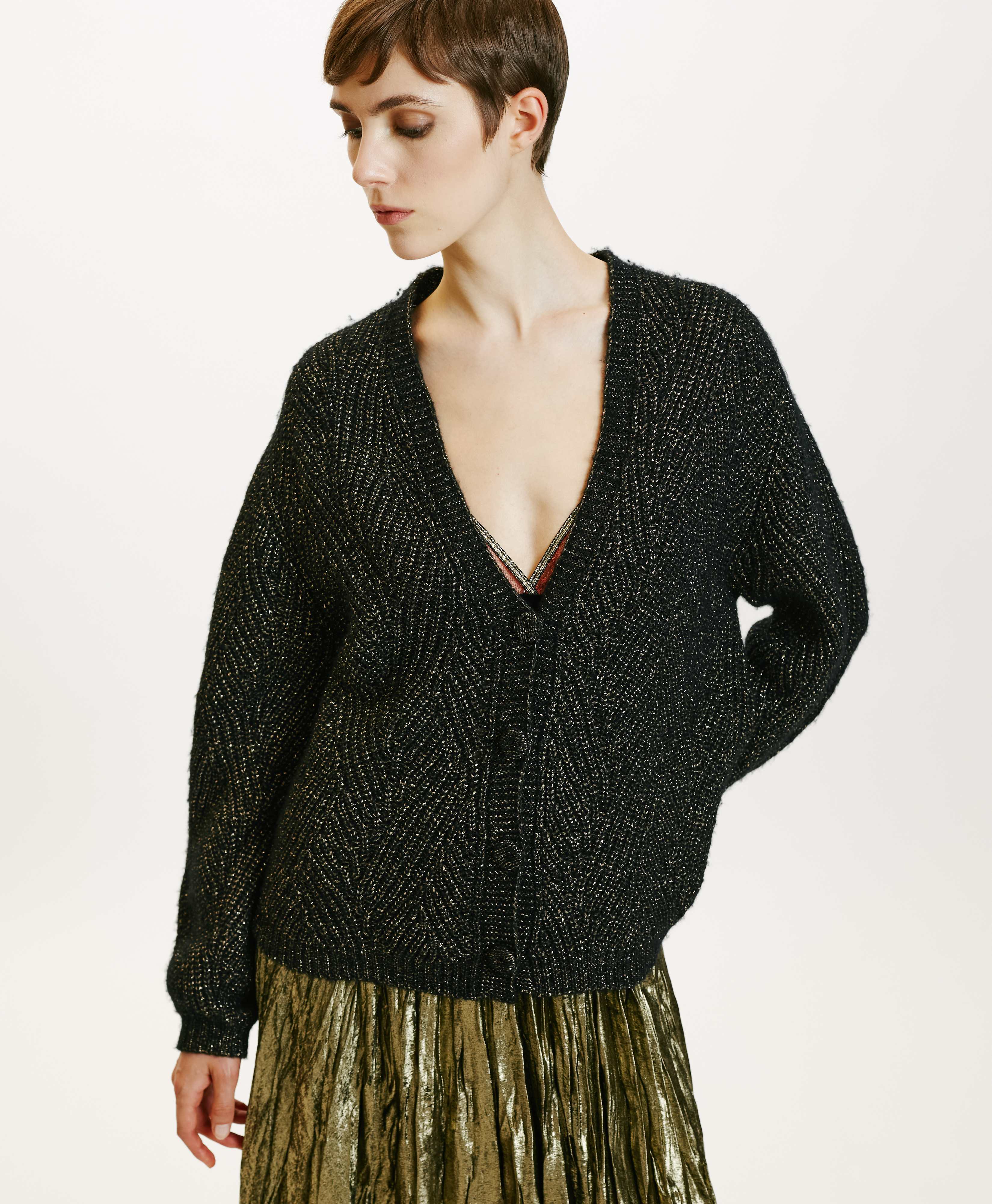 WOOL-LUREX ACE CARDIGAN IN CABLE RIB STITCH - BLACK - Momonì