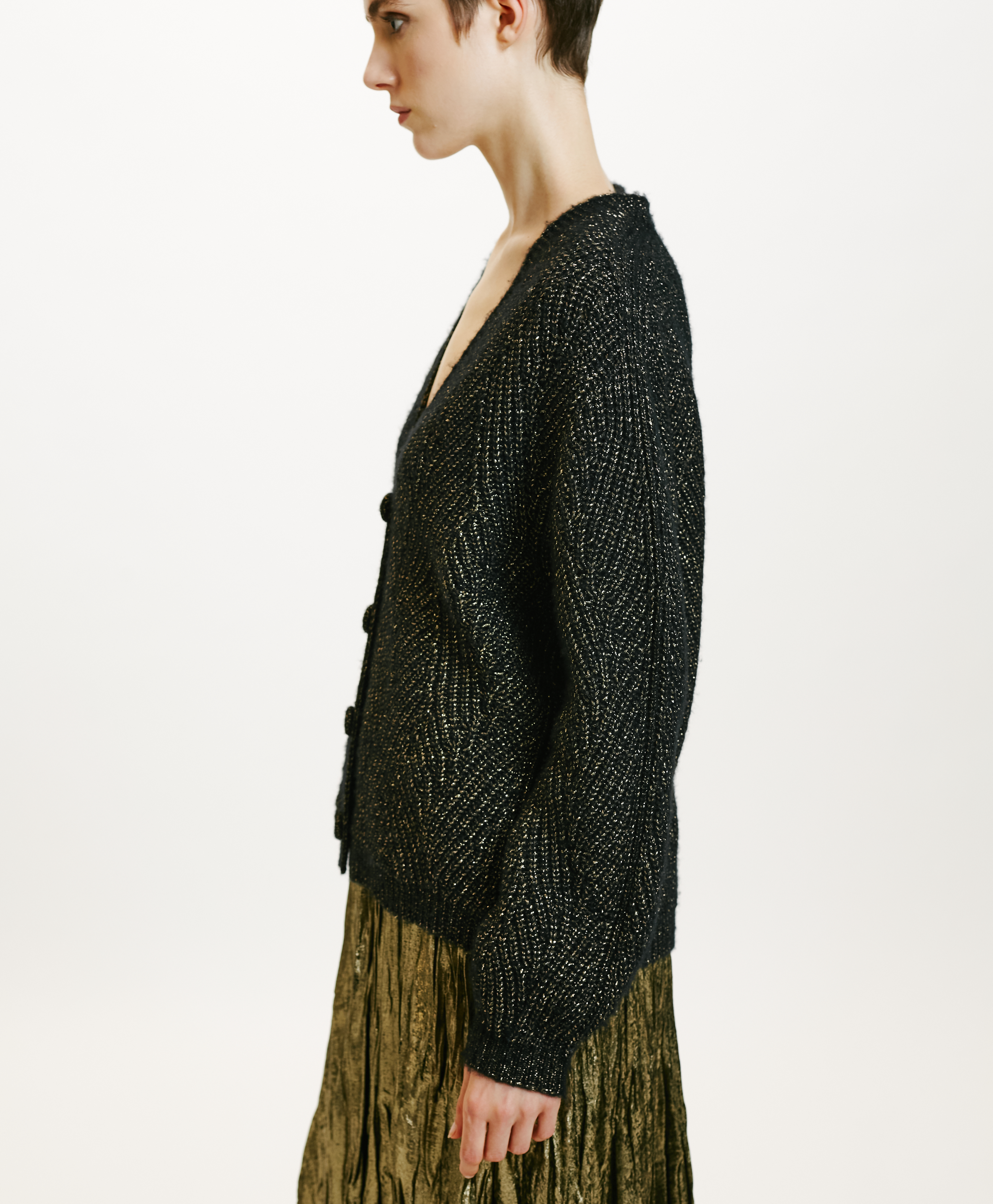 WOOL-LUREX ACE CARDIGAN IN CABLE RIB STITCH - BLACK - Momonì