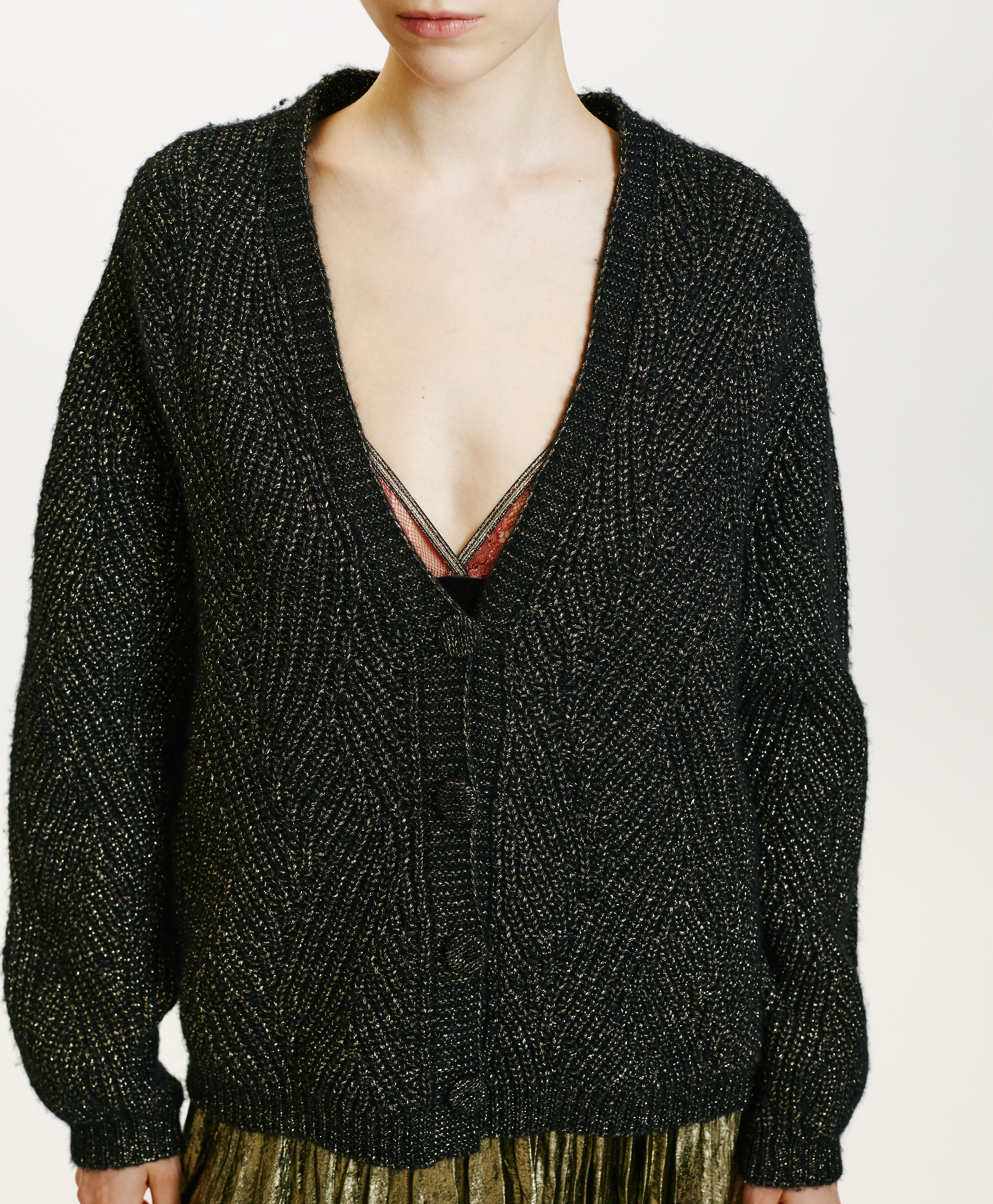 WOOL-LUREX ACE CARDIGAN IN CABLE RIB STITCH - BLACK - Momonì