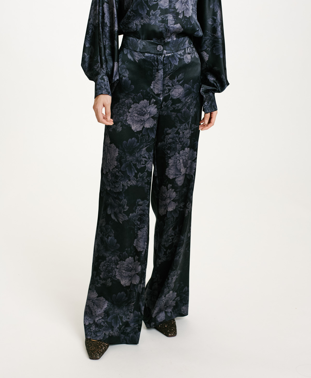 MISAKI PANTS IN PRINTED STRETCH SATIN - BLUE/BLU NIGHT - Momonì