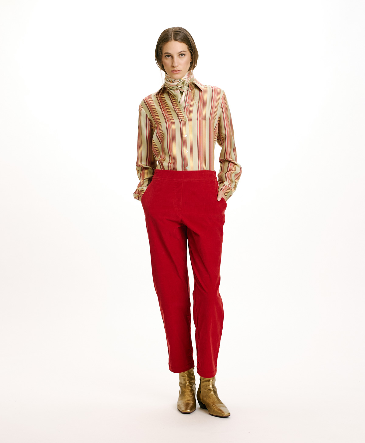 PANTALON YOKO EN VELOURS MILLERAIE STRETCH - ROUGE CARMIN - Momonì