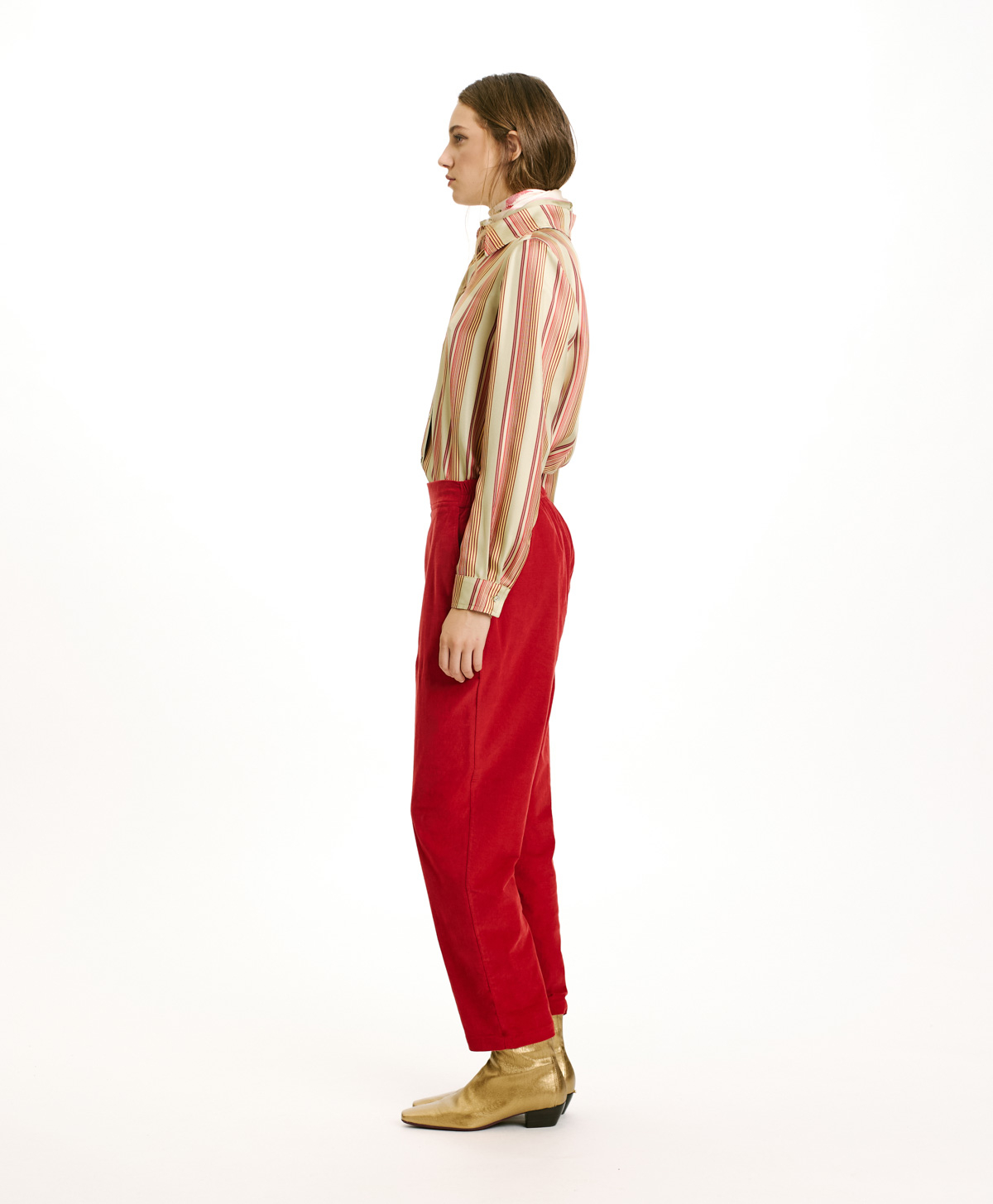 PANTALONI YOKO IN VELLUTO MILLE RIGHE STRETCH-ROSSO CARMINIO - Momonì