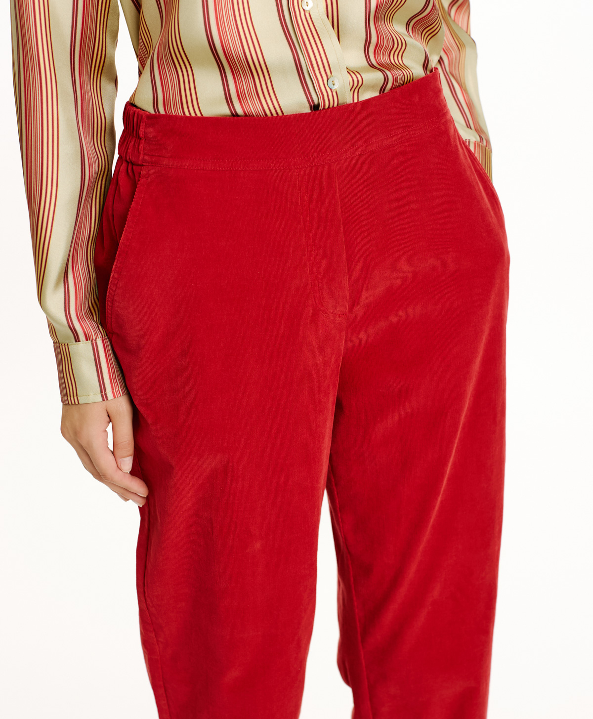 PANTALONI YOKO IN VELLUTO MILLE RIGHE STRETCH-ROSSO CARMINIO - Momonì