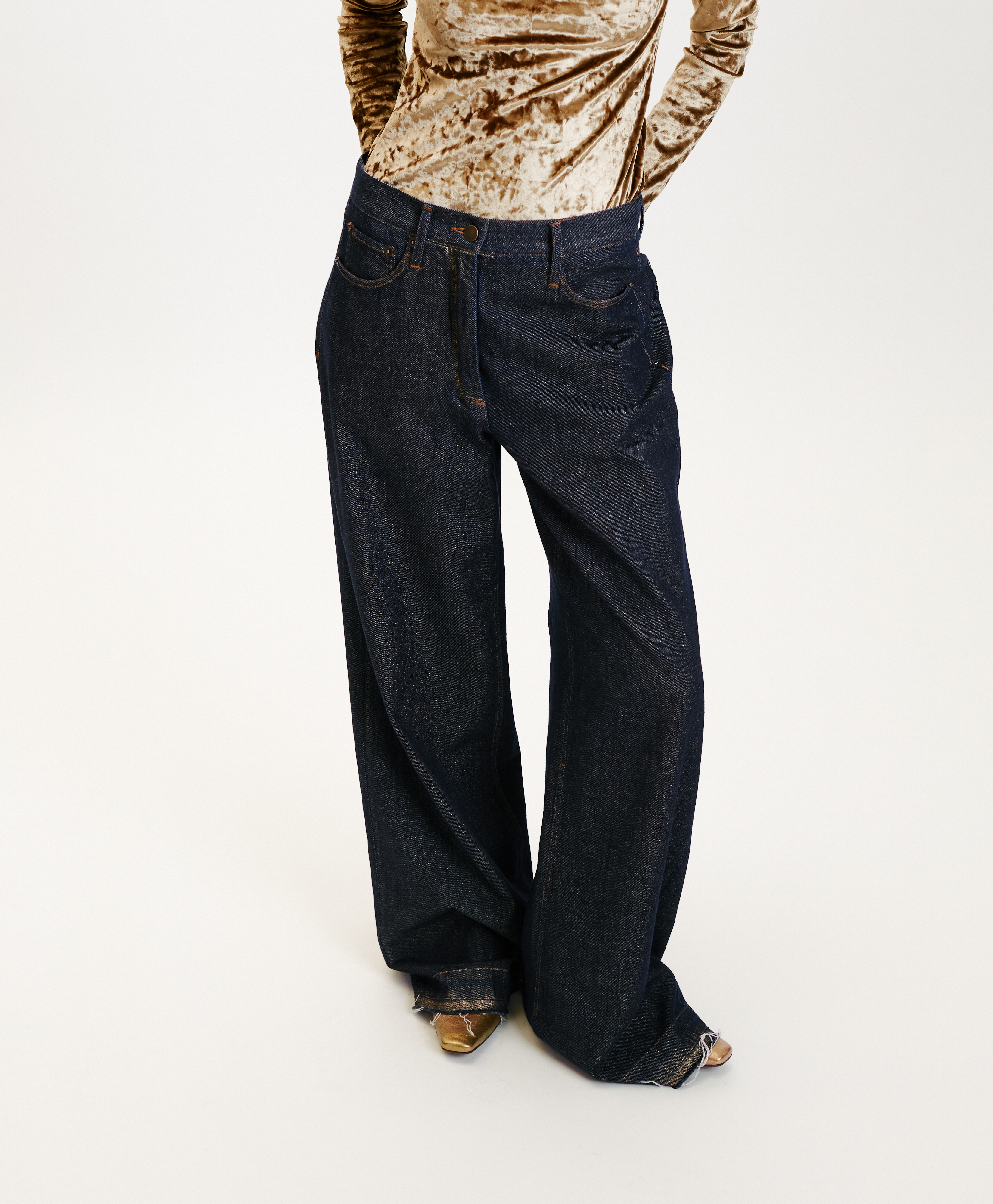 PANTALONI AOKI IN DENIM LAMINATO-BLU/ORO - Momonì