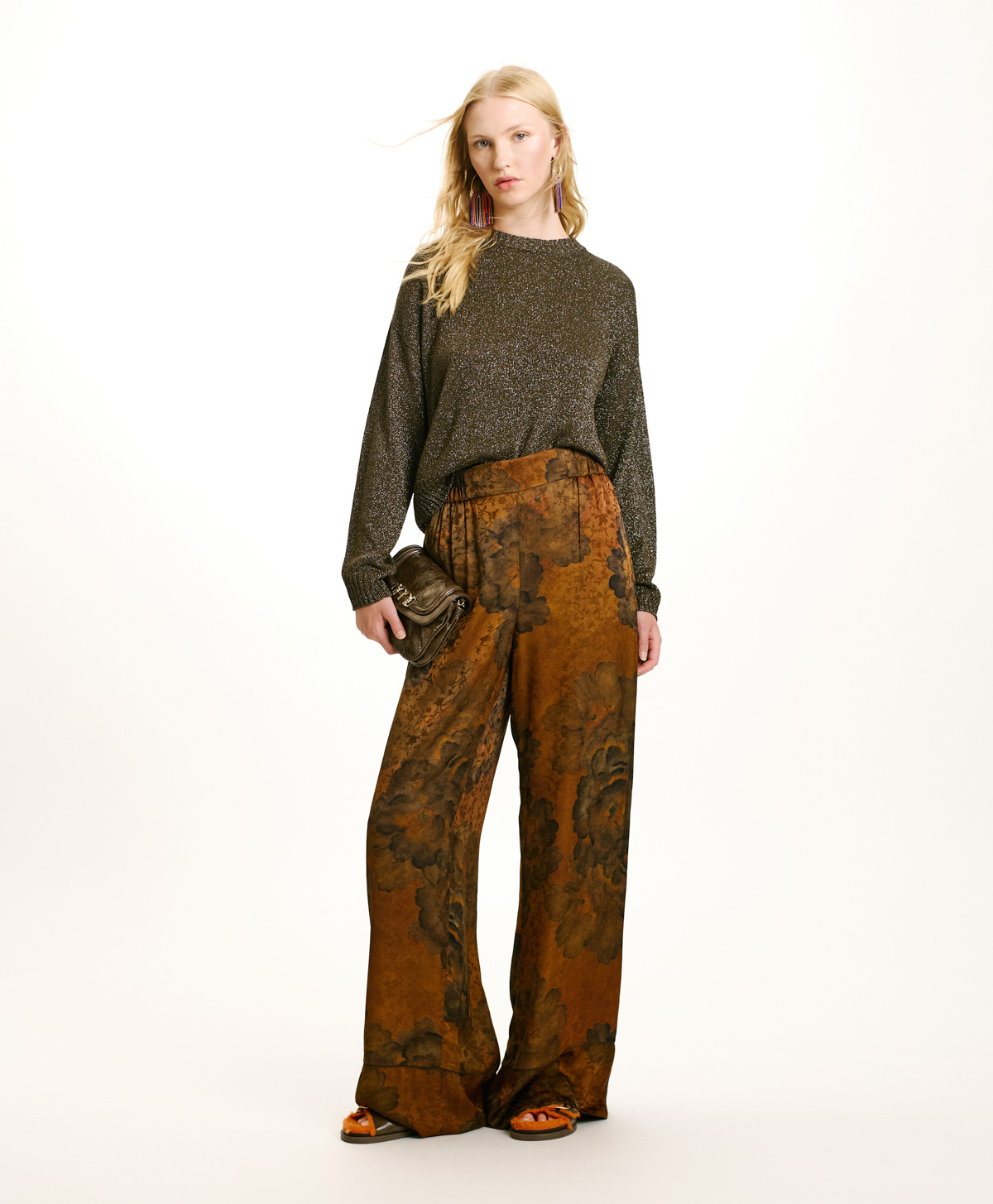 DAIKI PANTS IN PRINTED JACQUARD VISCOSE - TOBACO/OLIVE - Momonì