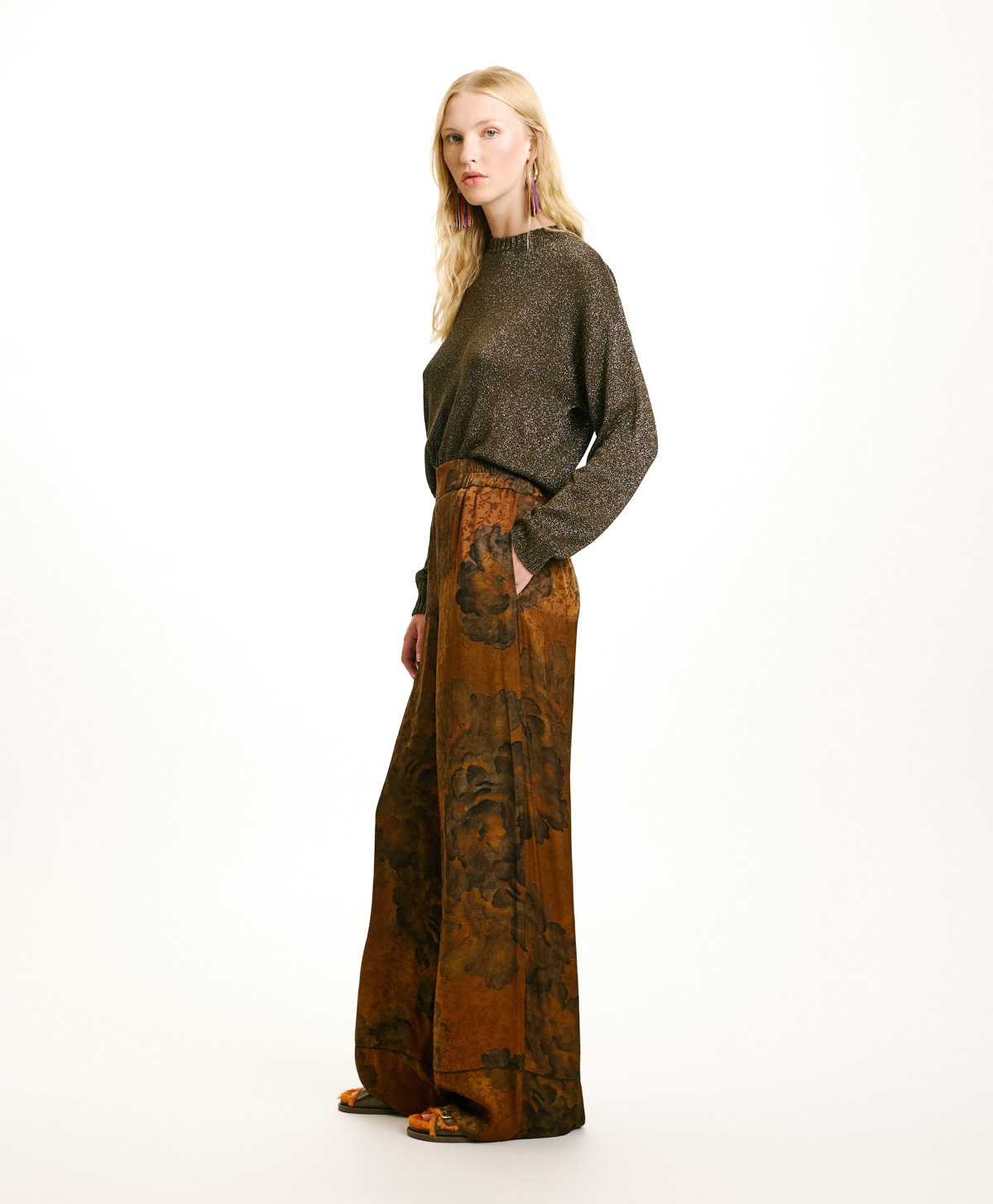 DAIKI PANTS IN PRINTED JACQUARD VISCOSE - TOBACO/OLIVE - Momonì