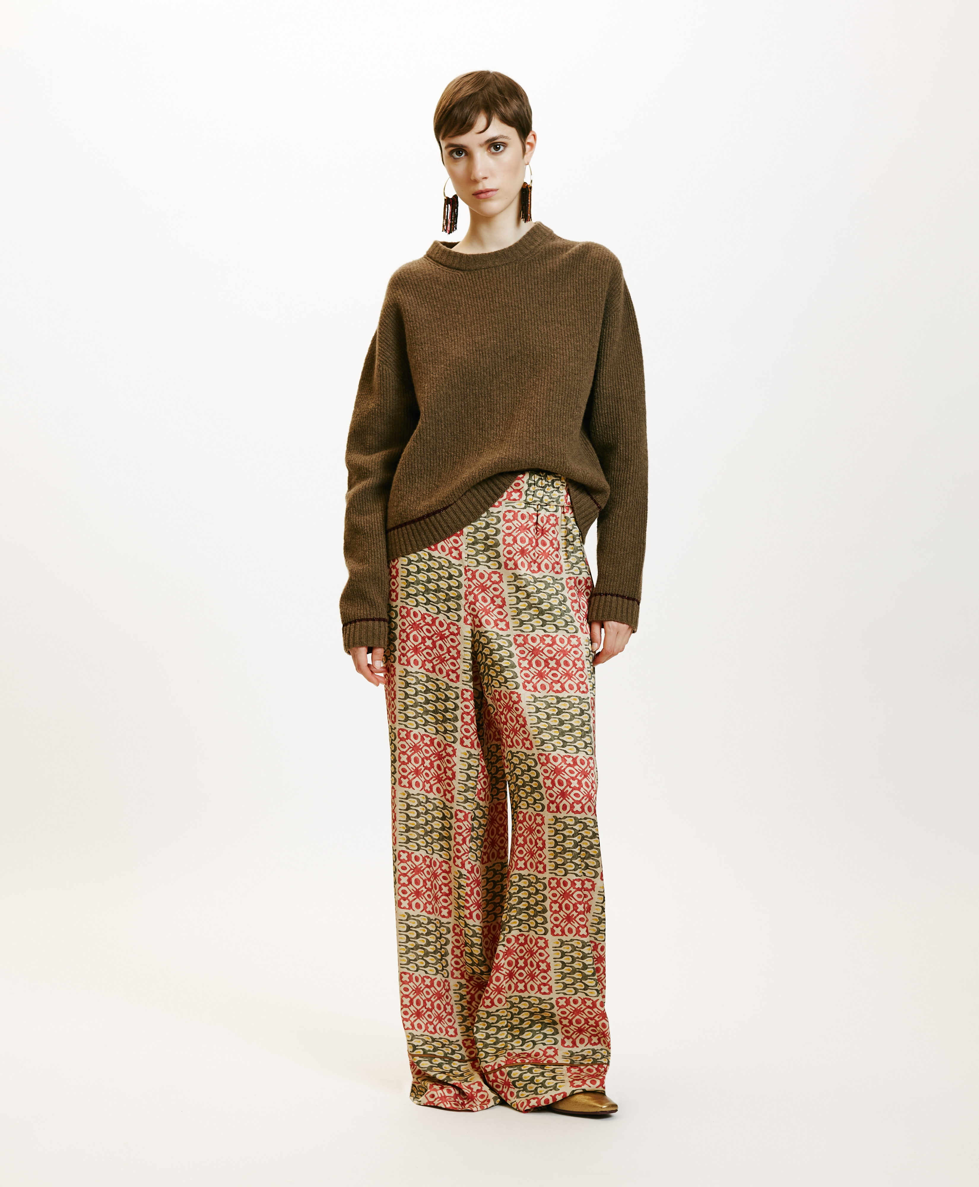 DAIKI PANTS IN PRINTED JACQUARD VISCOSE - ARMY/CORAL - Momonì