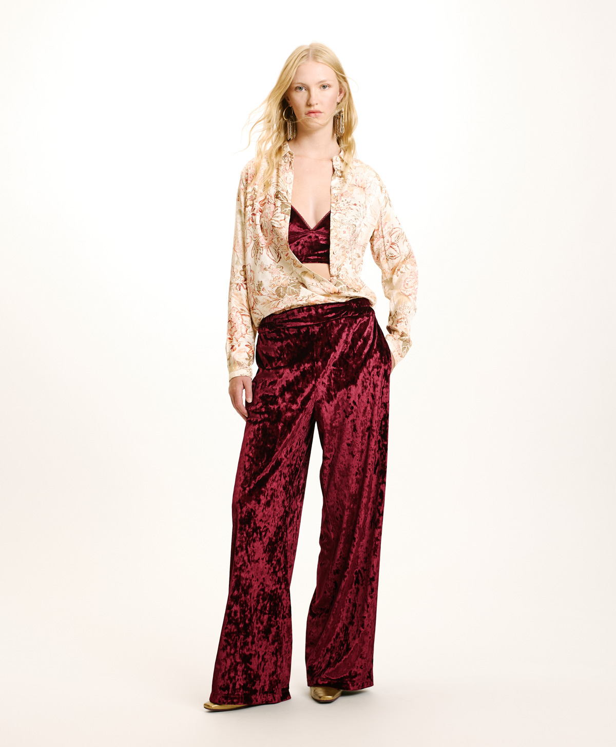 BACCARAT PANTS IN STRETCH VELVET - BORDEAUX - Momonì