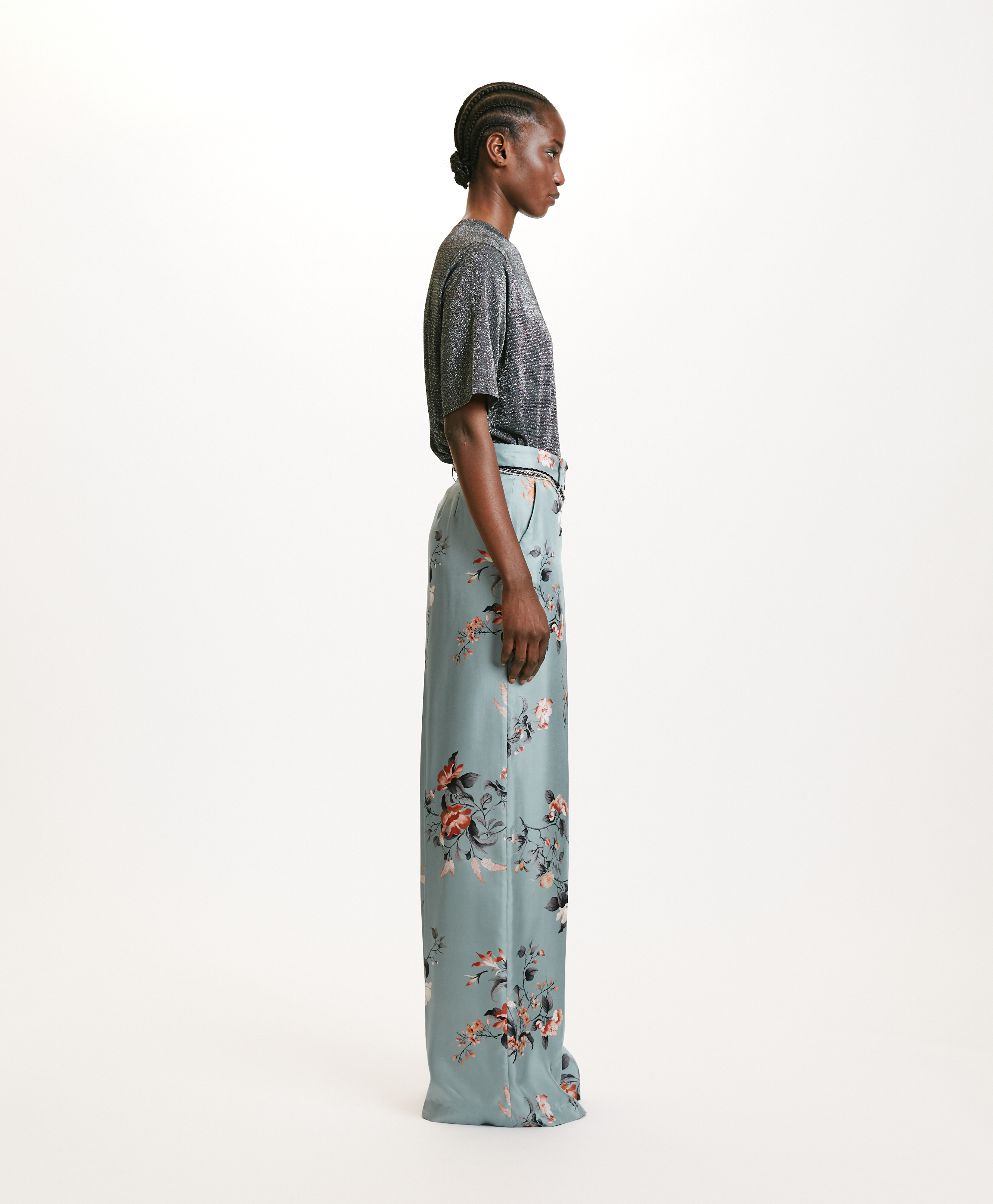 SANSEI PANTS IN PRINTED SILK TWILL - TOBACCO BLUE - Momonì