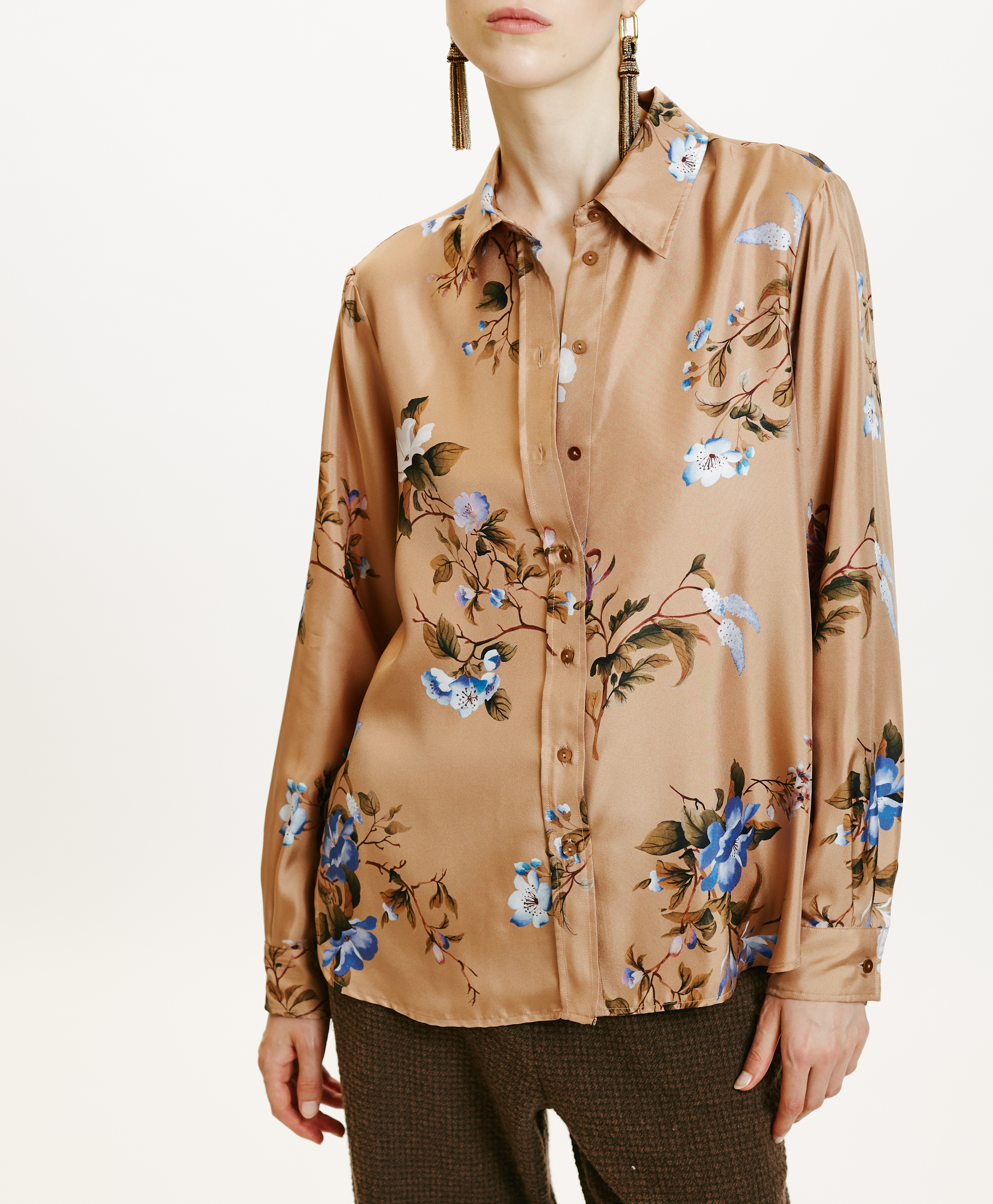 ARLES SHIRT IN PRINTED SILK TWILL - TABACCO/BLUETTE - Momonì