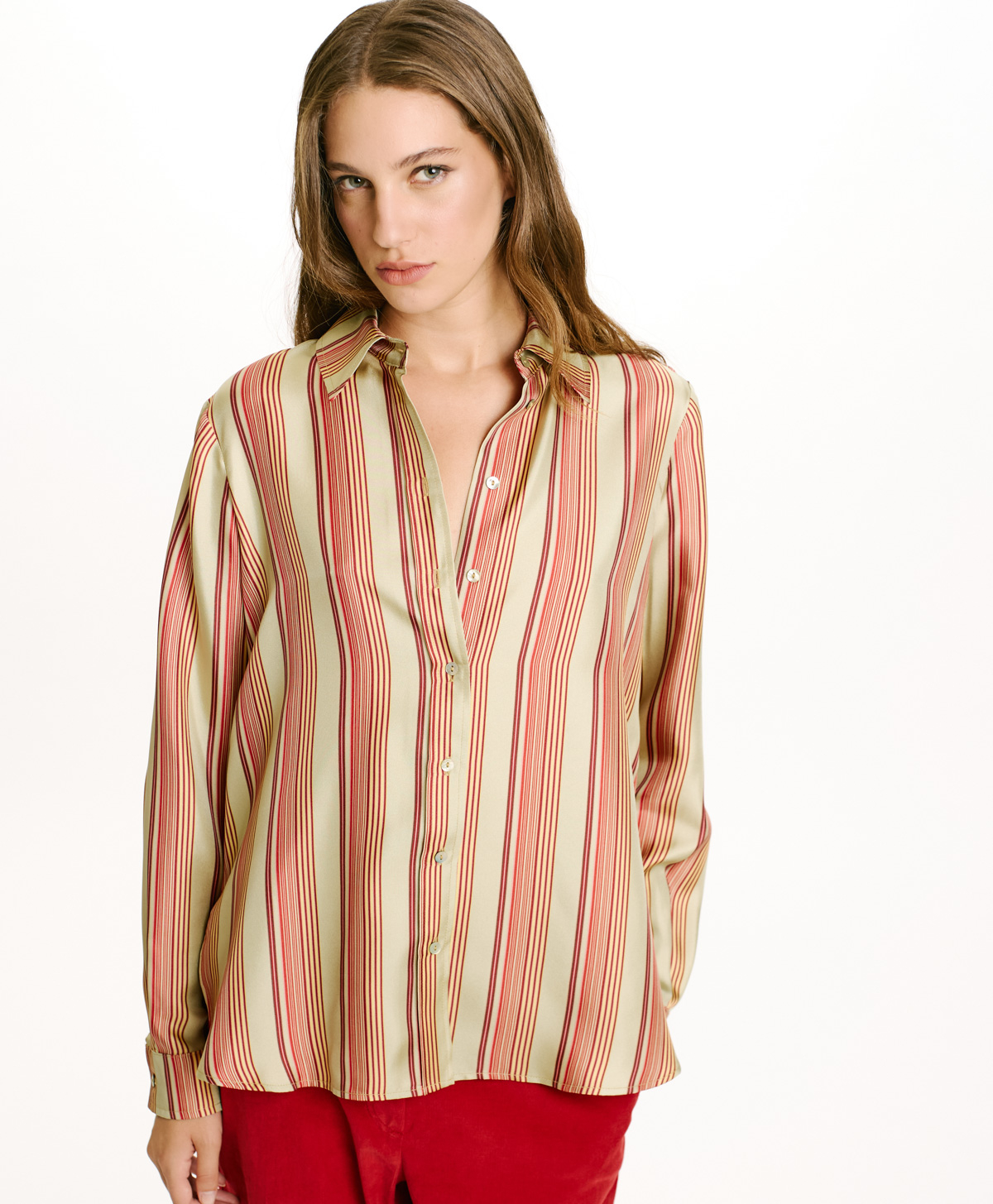 CAMICIA ARLES IN TWILL DI SETA STAMPATO-VERDE ACQUA/ROSSO - Momonì