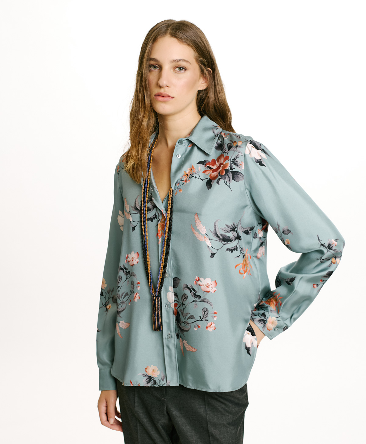 ARLES SHIRT IN PRINTED SILK TWILL - AQUA GREEN/RED - Momonì