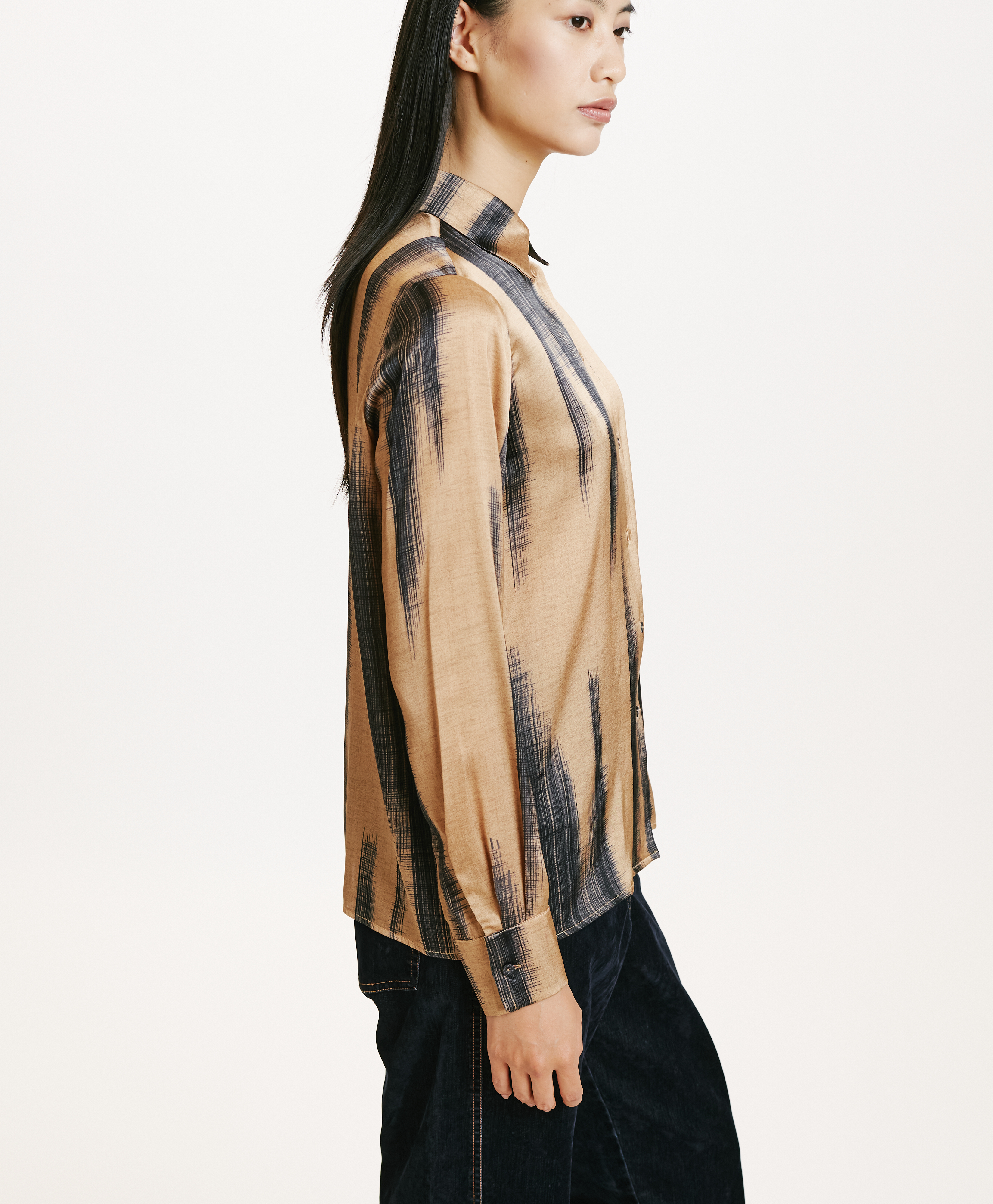 SIMON SHIRT IN PRINTED STRETCH SATIN - GOLD/BLUE - Momonì