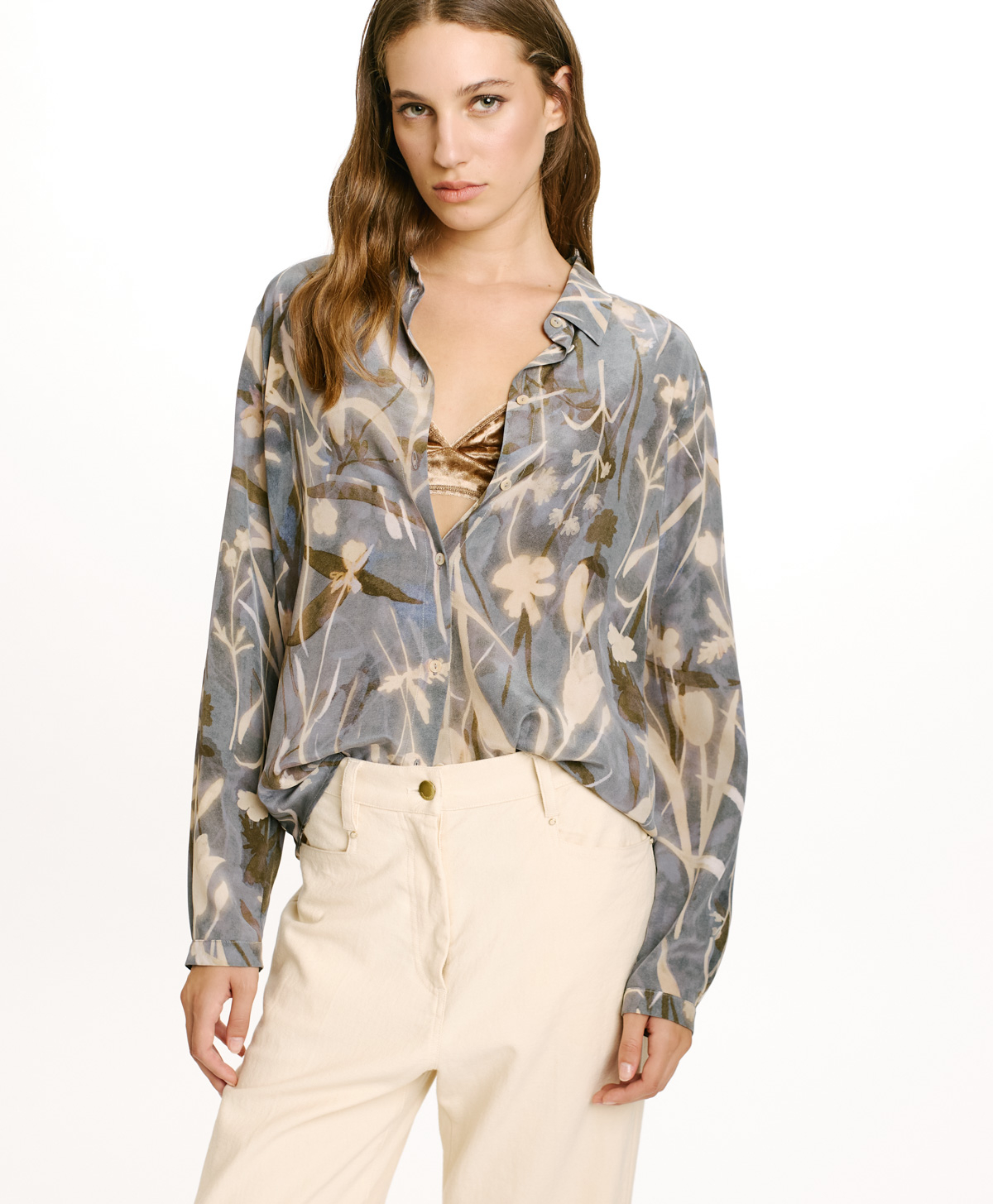 MEUDON SHIRT IN PRINTED CREPE DE CHINE - DUSTY BLUE/CREAM - Momonì