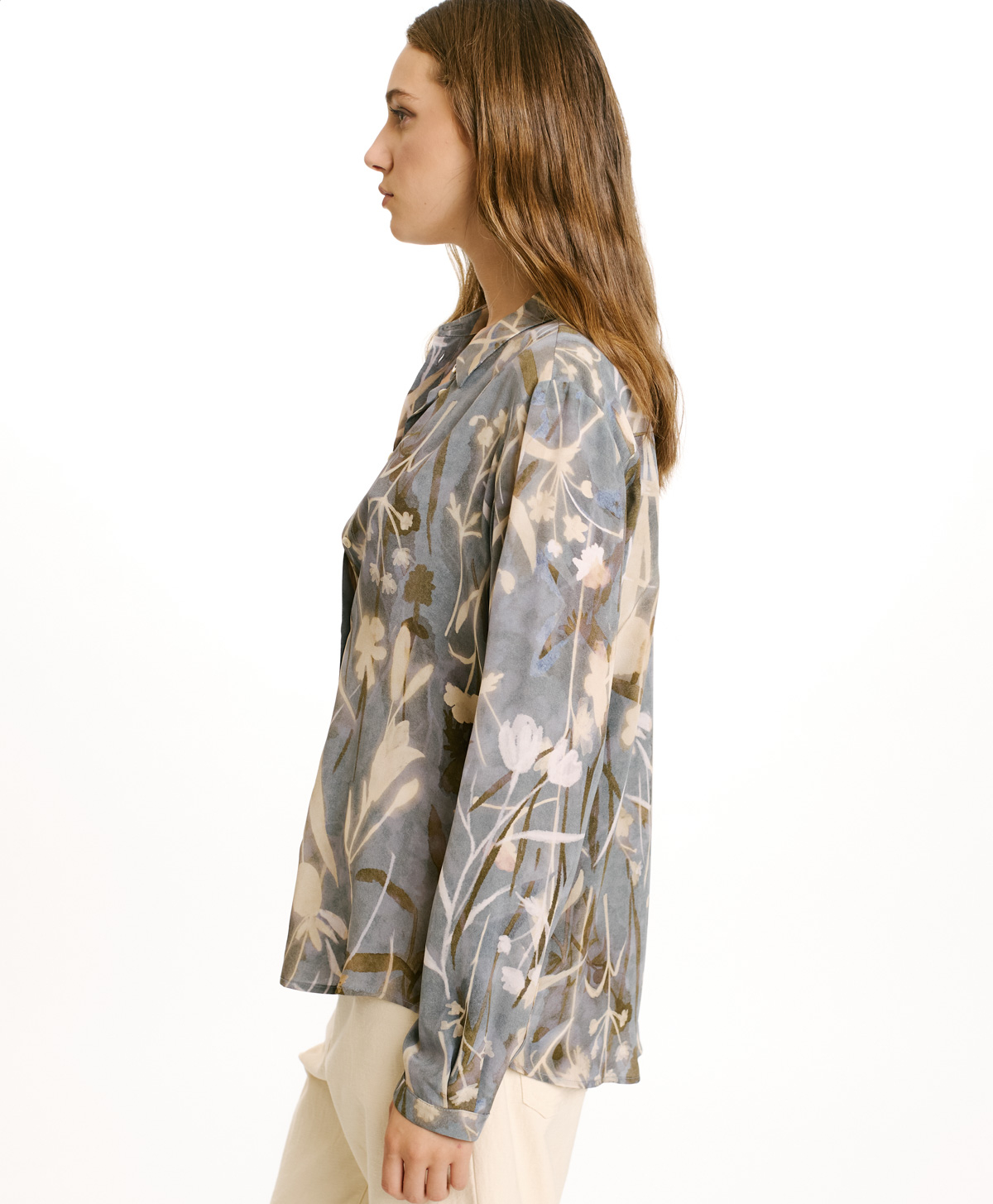 MEUDON SHIRT IN PRINTED CREPE DE CHINE - DUSTY BLUE/CREAM - Momonì