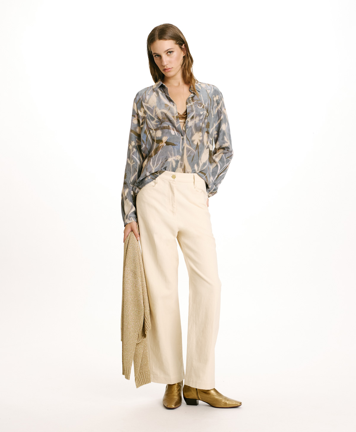 MEUDON SHIRT IN PRINTED CREPE DE CHINE - DUSTY BLUE/CREAM - Momonì