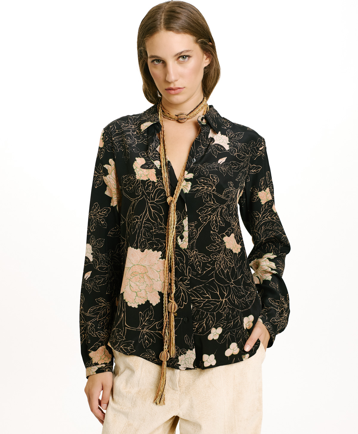 MEUDON SHIRT IN PRINTED CREPE DE CHINE - BLACK/POWDER PINK - Momonì