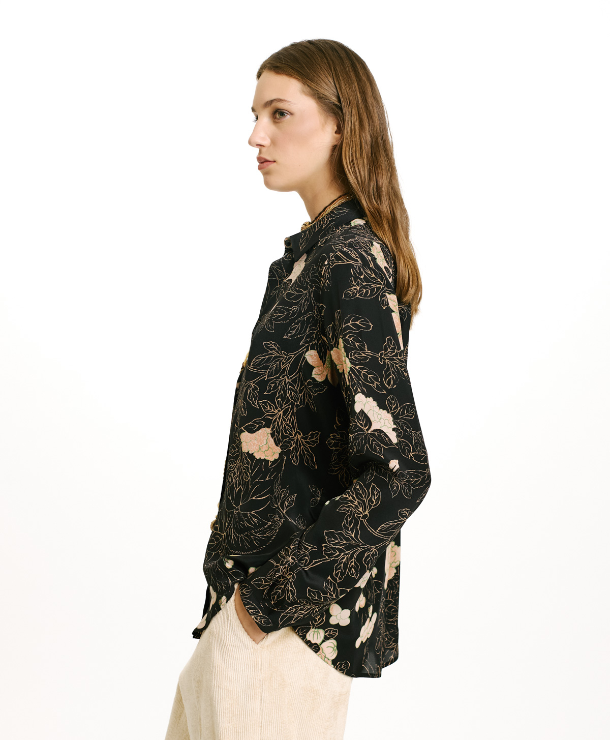 MEUDON SHIRT IN PRINTED CREPE DE CHINE - BLACK/POWDER PINK - Momonì