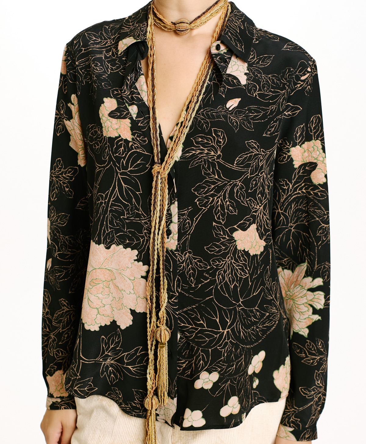 MEUDON SHIRT IN PRINTED CREPE DE CHINE - BLACK/POWDER PINK - Momonì